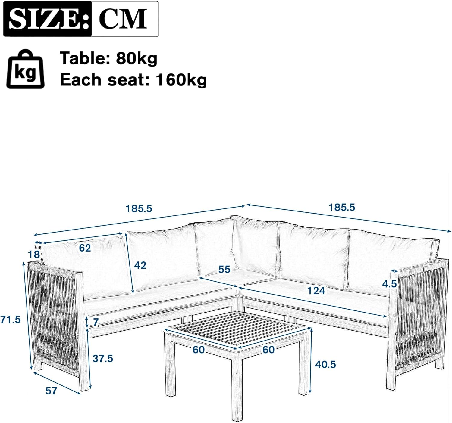 Sapgaks - salon de jardin acacia, corde, beige, canapé d'angle, table