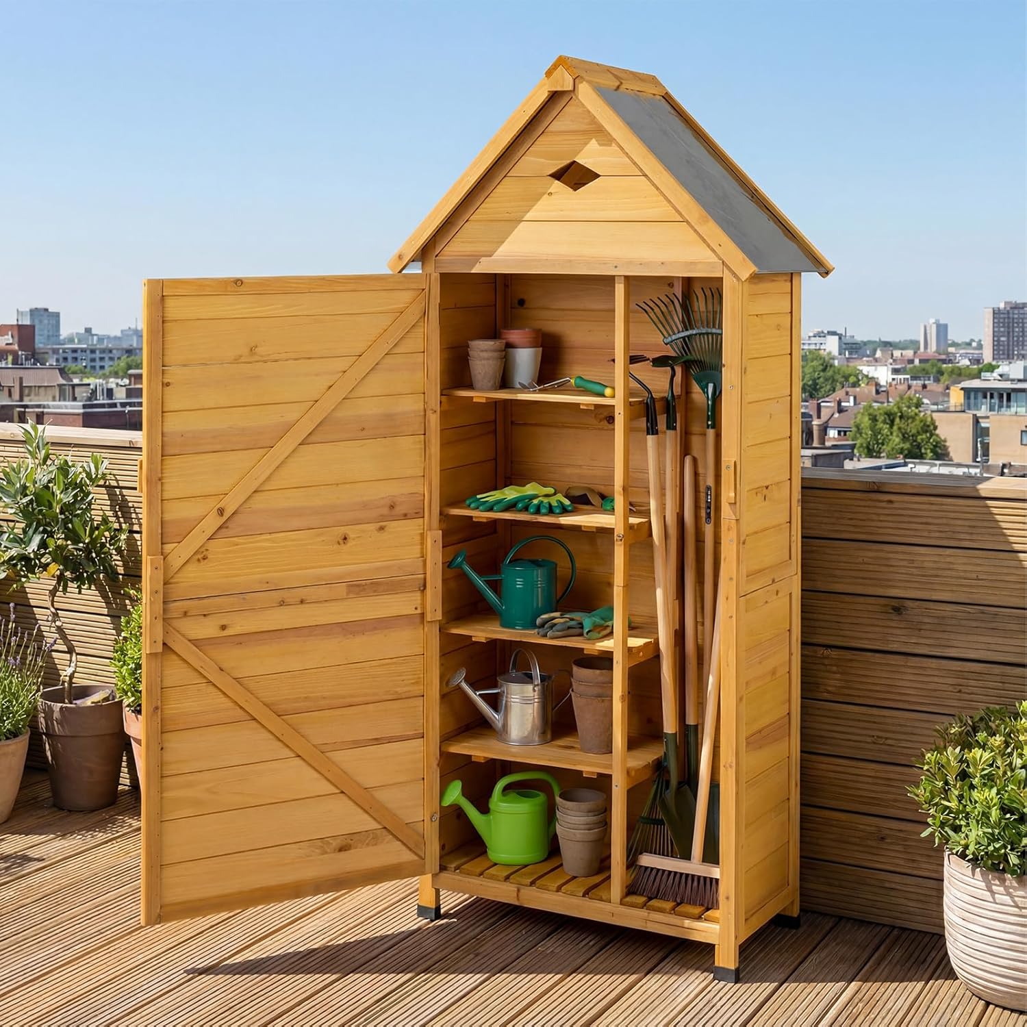 COSTWAY Armoire de Jardin Bois, Abri de Jardin Bois Extérieure avec Porte Verrouillable, Plancher, 4 Étagères Amovibles, Ventilation, Toit en Pente, pour Terrasse, Jardin, Balcon
