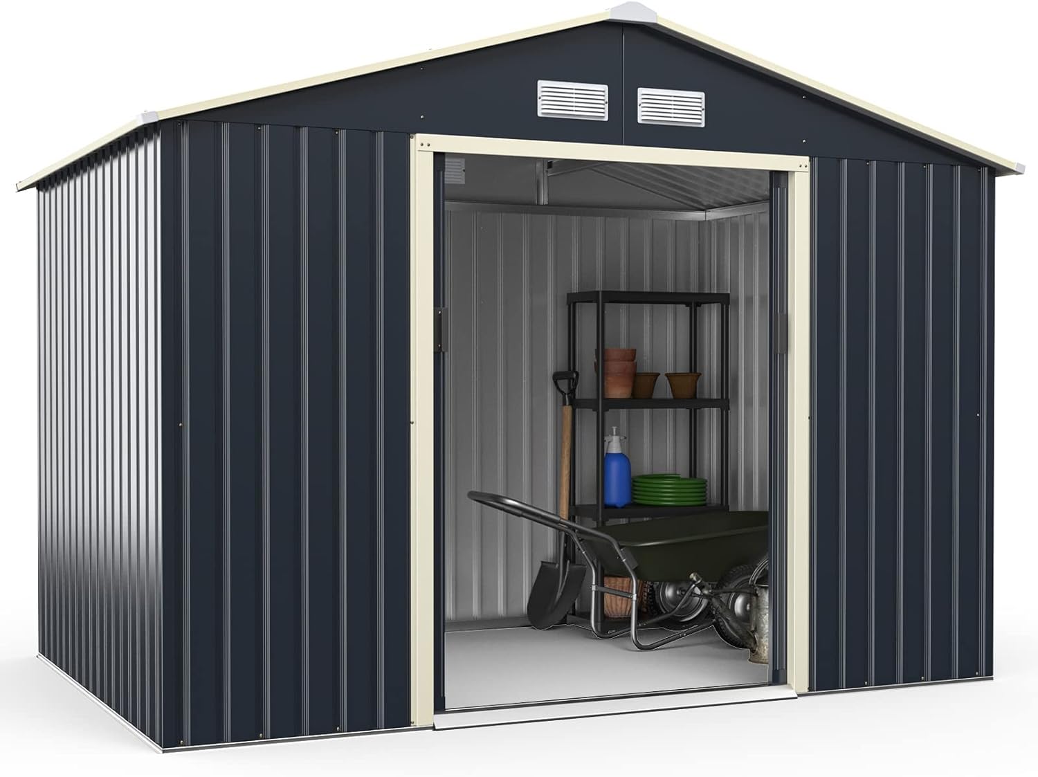 COSTWAY Abri de Jardin en Métal 5.2㎡ avec 2 Portes Coulissantes Verrouillables, Cabane Jardin Rangement 4 Trous d’Aération Toit Penché, pour Vélo, Poubelle, Gris (277,5 x 191 x 202,5cm)