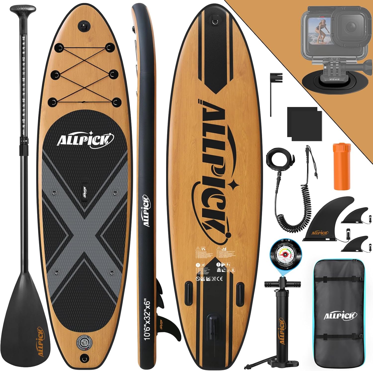 ALLPICK - Paddle gonflable 320 cm - kit complet, pagaie réglable, support caméra, 200 kg