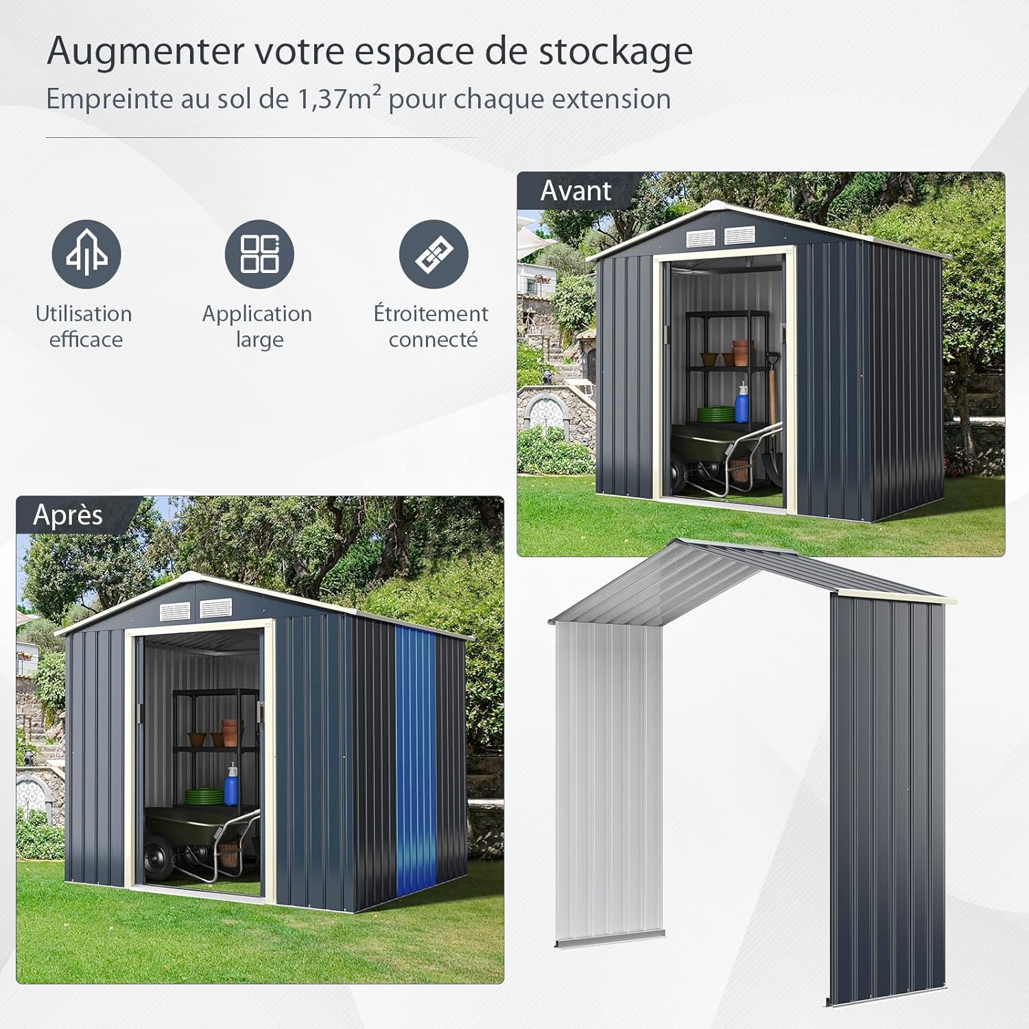 COSTWAY - Kit extension abri jardin - 213,5x127x194,5cm - gris