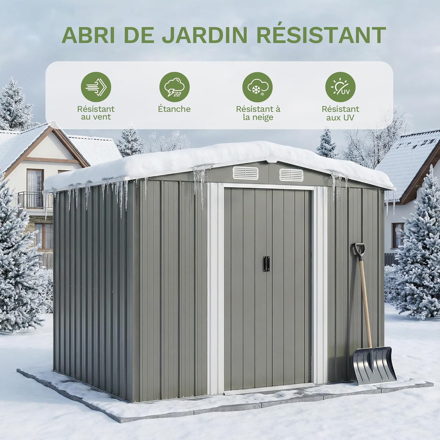 Devoko - abri de jardin métallique - 8x6ft - toit penté, ventilation, gris