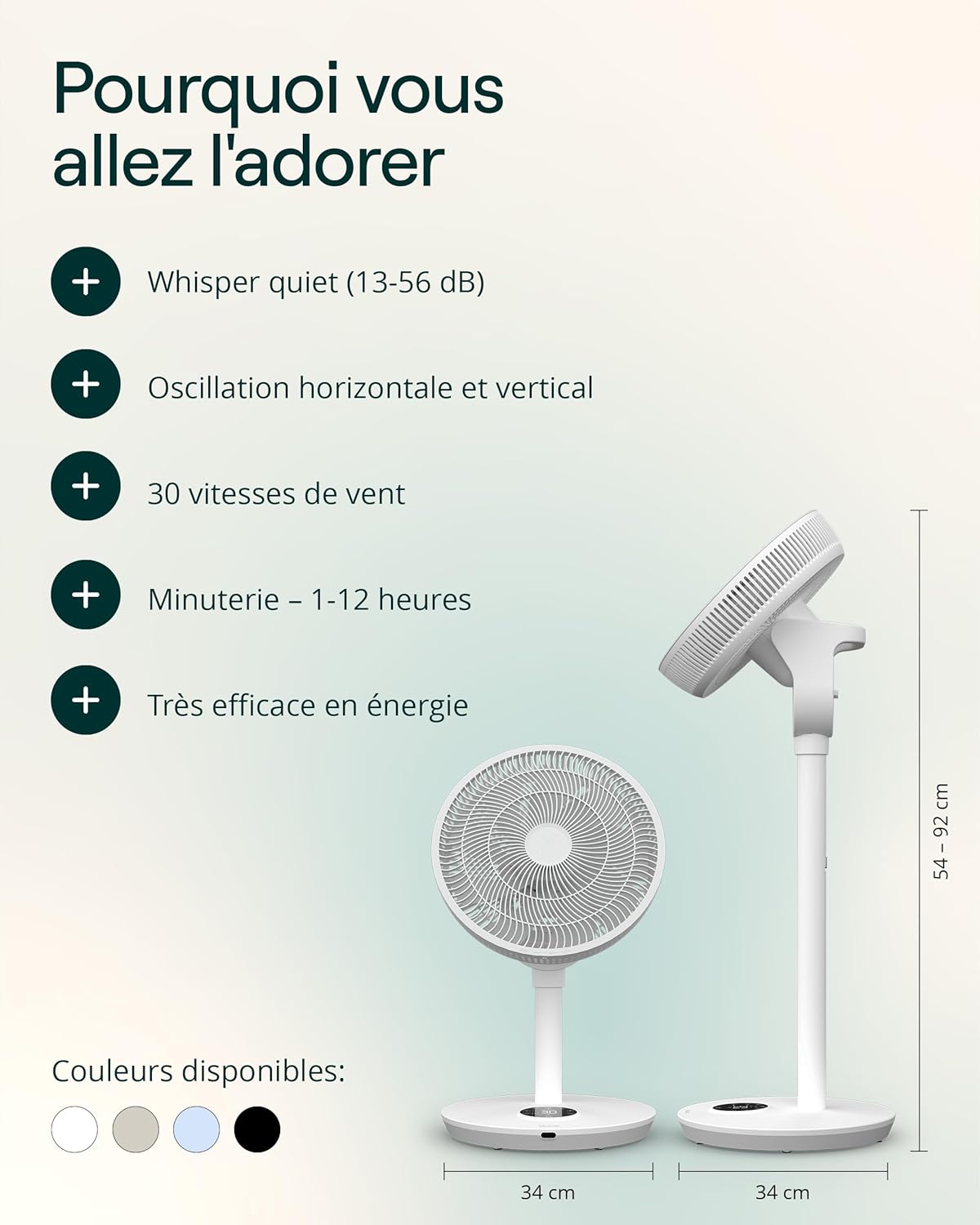 Duux - Whisper Flex 2 - 54-92cm - ventilateur silencieux, mode nuit, 2W, télécommande