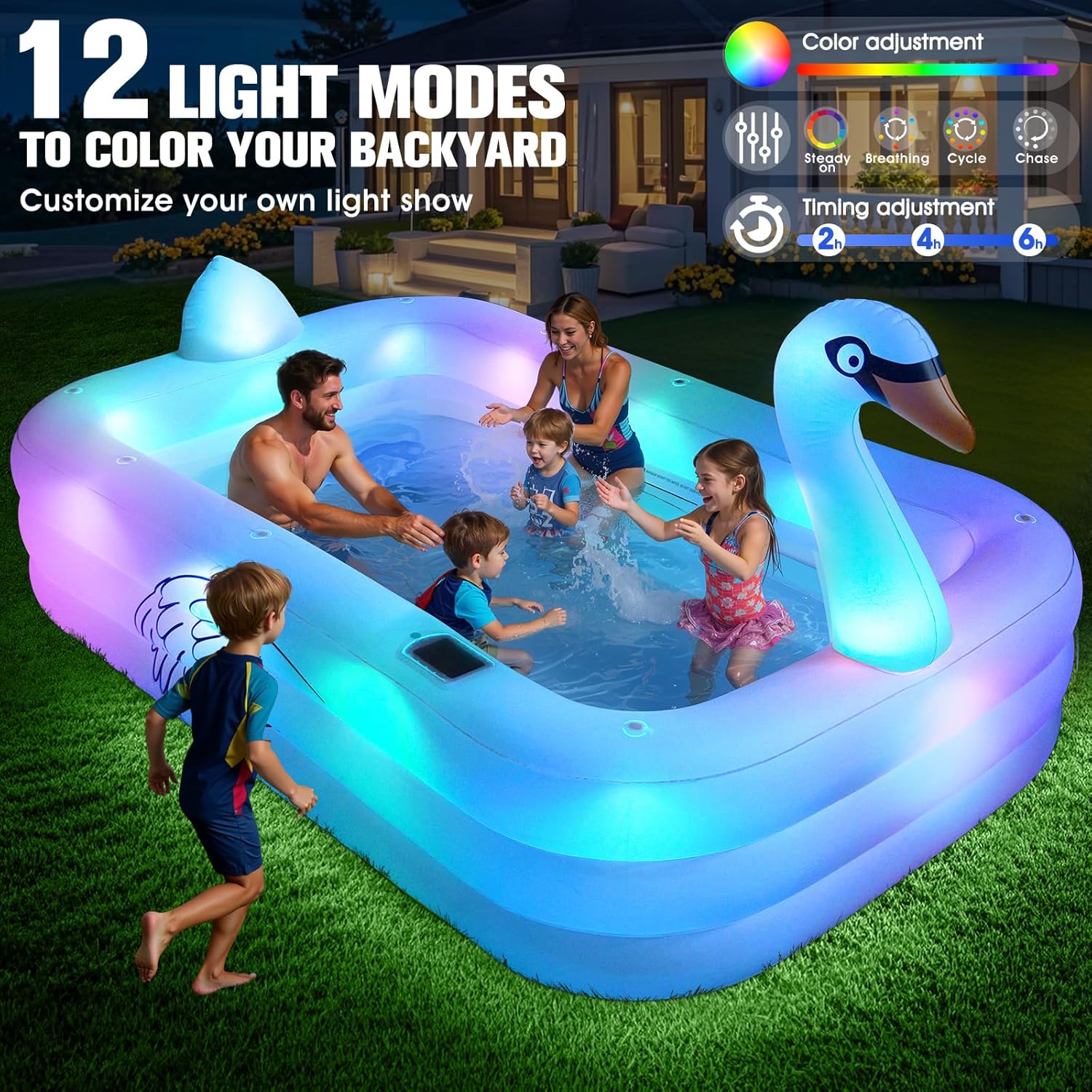 ChlorBlu Piscine Gonflable avec Lumières, Swan Piscine Gonflable Adulte, 255x160x50cm Grande Piscines Gonflables Rectangulaire, Swimming Pool Surdimensionnée pour Enfants et Famille, pour Jardin