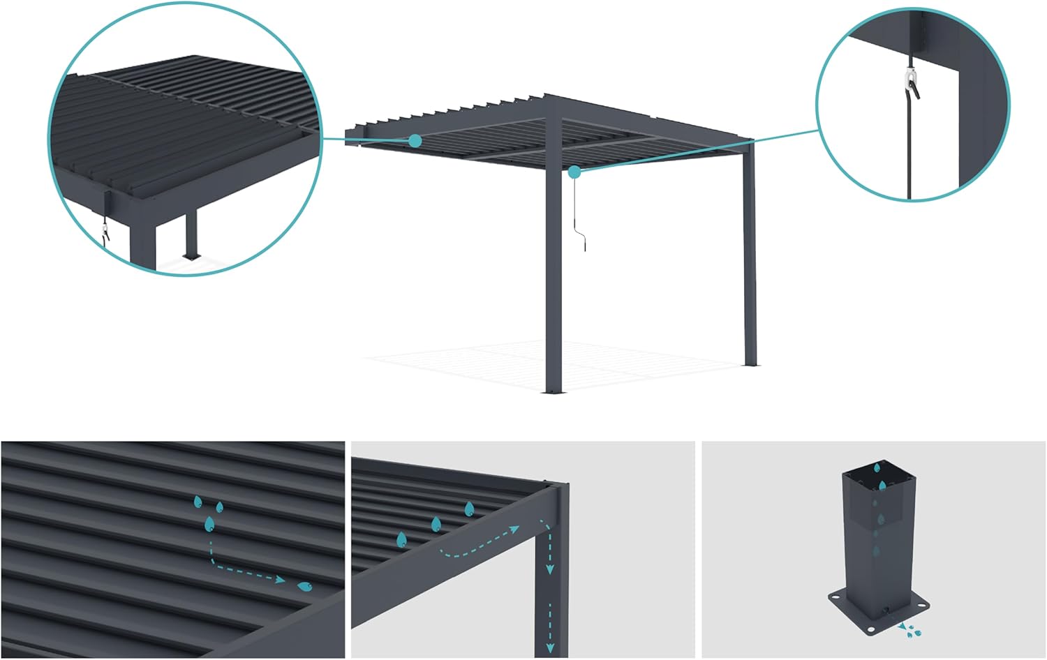 CAZEBOO - Piana - 3x2,5m - Aluminium gris, lames orientables, terrasse 7,8m², manivelle, résistance vent 70km/h