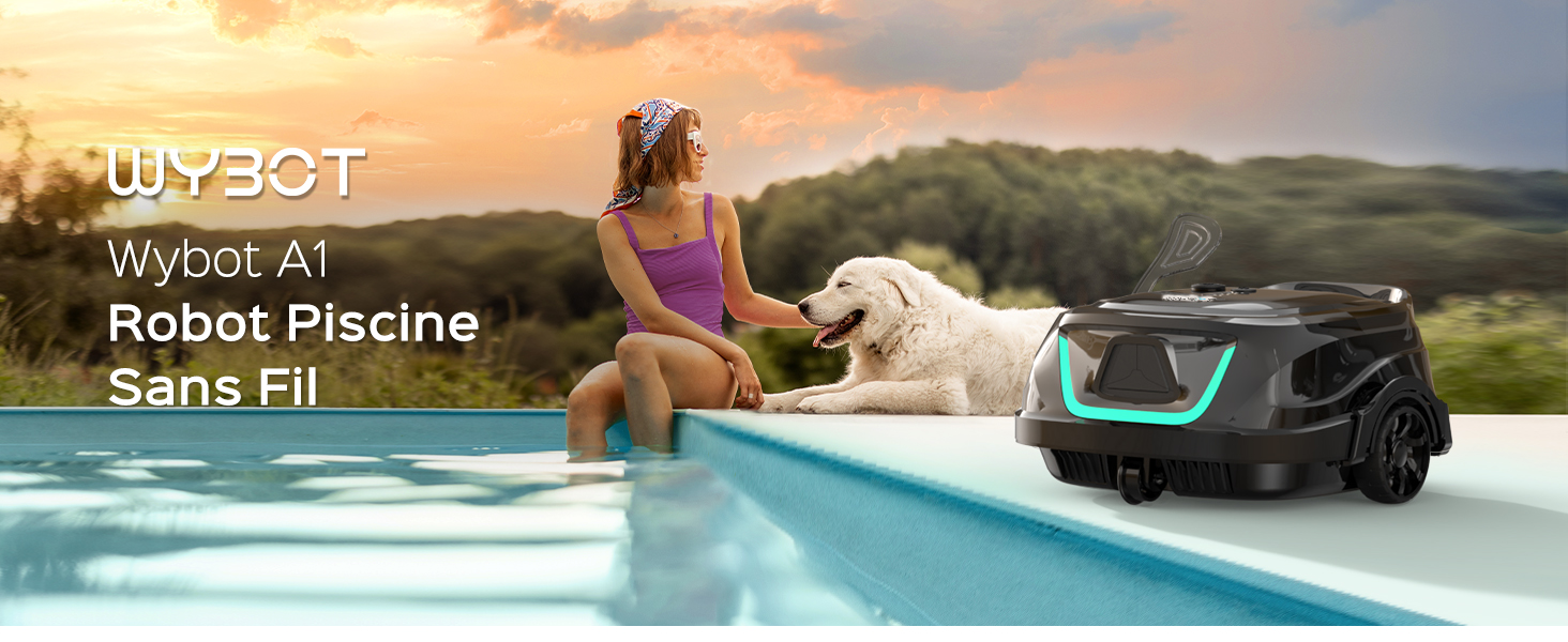 présenté dans une piscine au coucher du soleil, avec le nom du produit clair et le texte « Robot Piscine Sans Fil » visible.