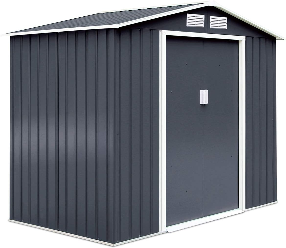 GOPLUS 2,37㎡ Abri de Jardin Métal Galvanisé avec Base, Résistant aux Intempéries, Cabine de Jardin Extérieur 2 Portes Coulissantes avec 2 Fenêtres de Ventilation, 4,39m³, 213 x 127 x 185 cm, Gris