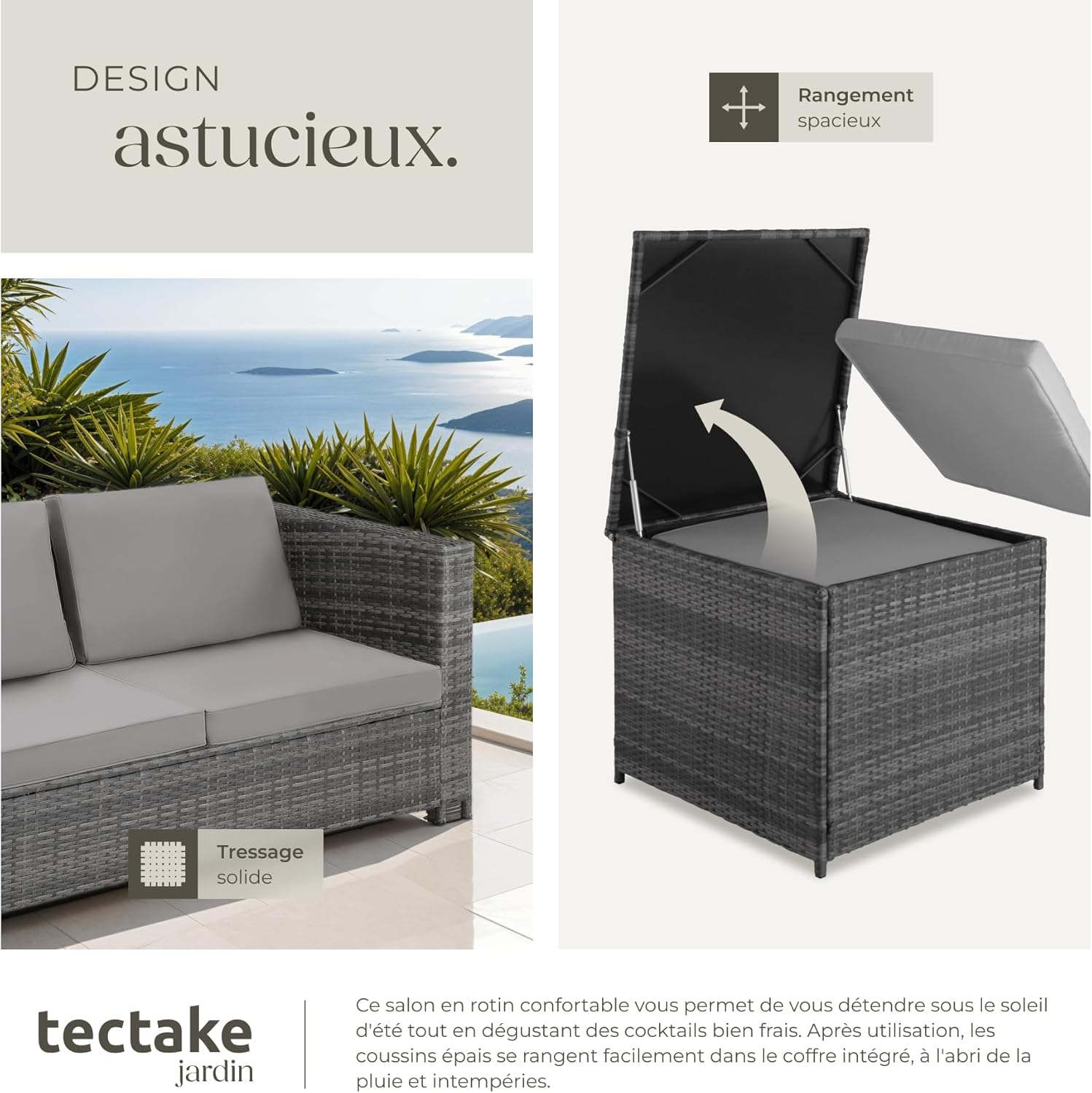 tectake - salon de jardin poly rotin 4 places, canapés modulables, table verre, coffre rangement