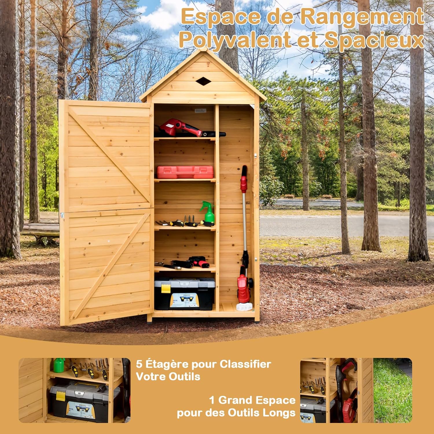 GOPLUS - abri de jardin bois 70x35x176cm, 5 étagères, porte verrouillable