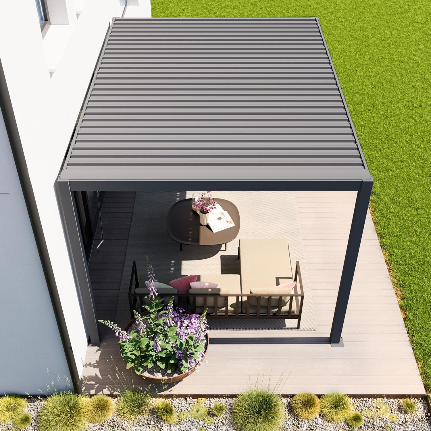 PRIMEYARD Pergola 3x4 m poteaux en Aluminium avec Lames orientables en Acier pavillon Gris