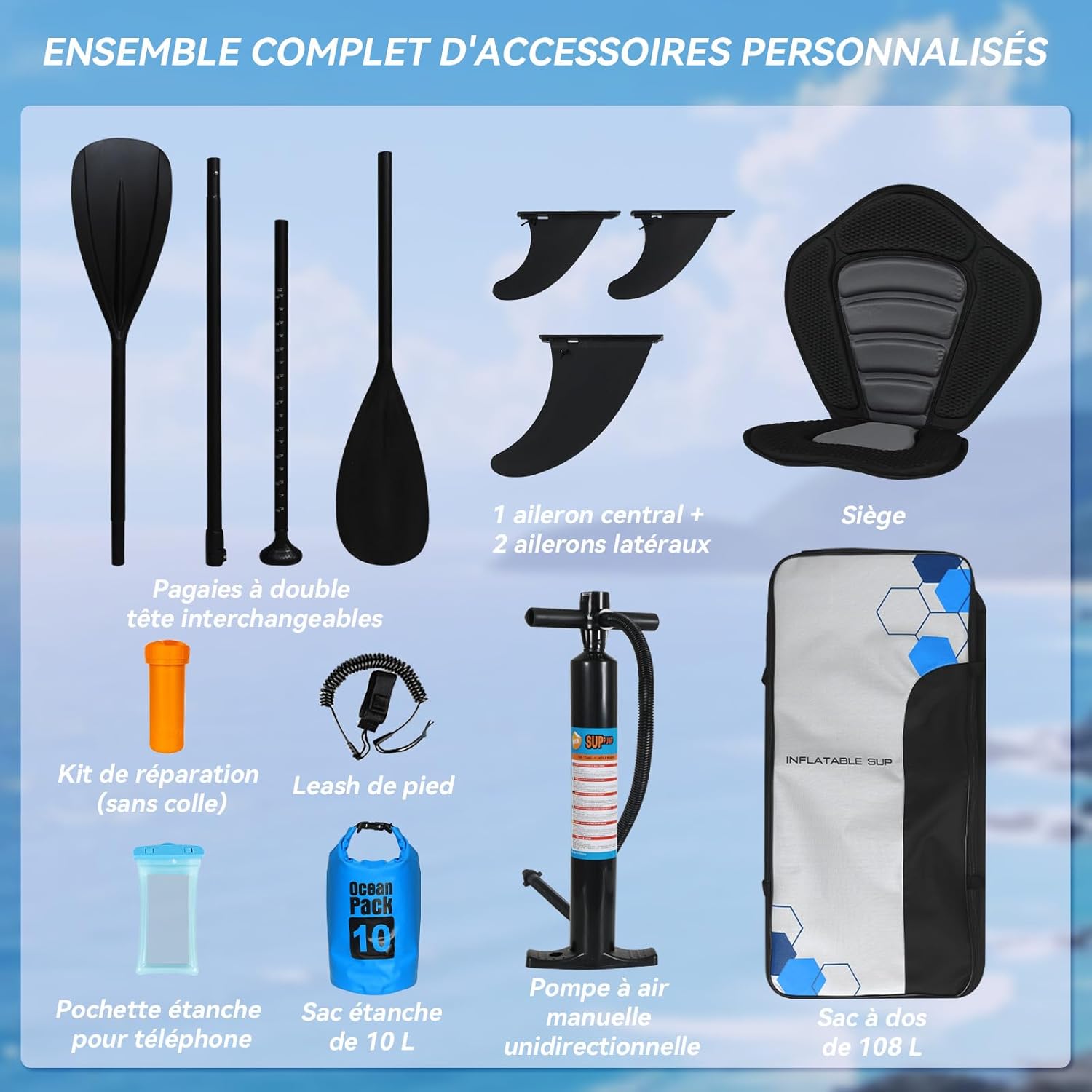 YU YUSING - Paddle gonflable adulte 320/335cm - 2 personnes, siège kayak, pagaie, support caméra, 150kg