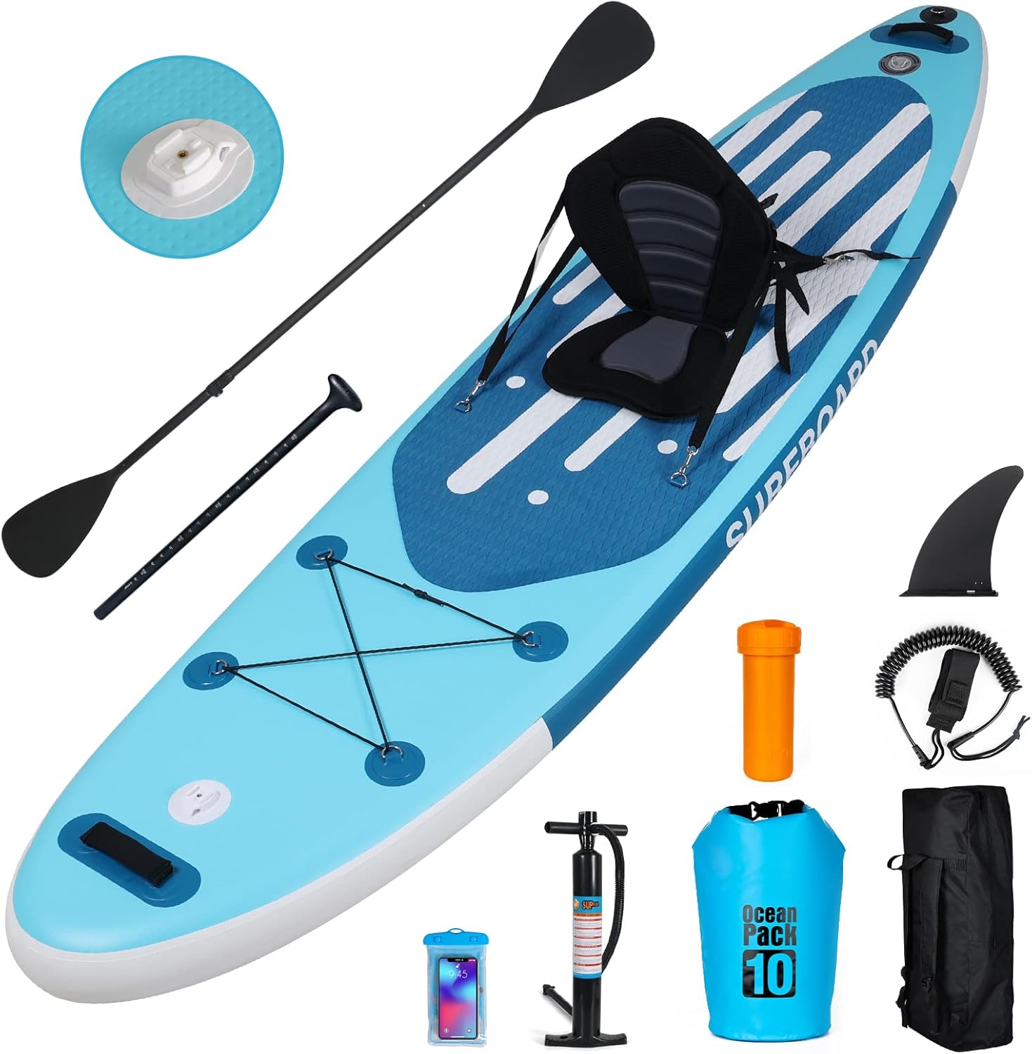 YU YUSING - Paddle gonflable adulte - 320/335cm - 2 places, siège kayak, pagaie alu, support caméra, jusqu'à 150kg
