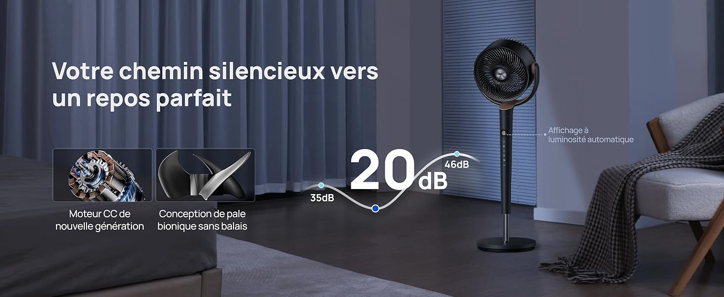 Le texte indique « Votre chemin silencieux vers un repos parfait » et « 20 dB ». Scène intérieure sombre montrant une chambre à coucher mettant l'accent sur les caractéristiques de calme.