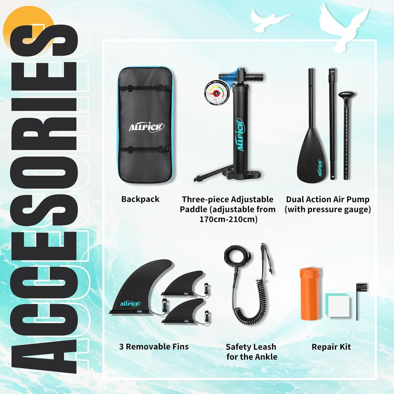 ALLPICK Paddle Gonflable, Kit de Padelsurf de Stand Up Paddle Sup Gonflable de 320 cm, avec Support Universel pour Caméra, Pagaie réglable, Débutants et confirmés, 200 kg