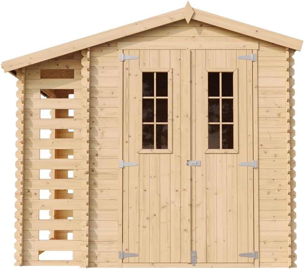 Timbela - abri jardin bois & range bûches - 206x272x218 cm - toit étanche, fenêtres M386C