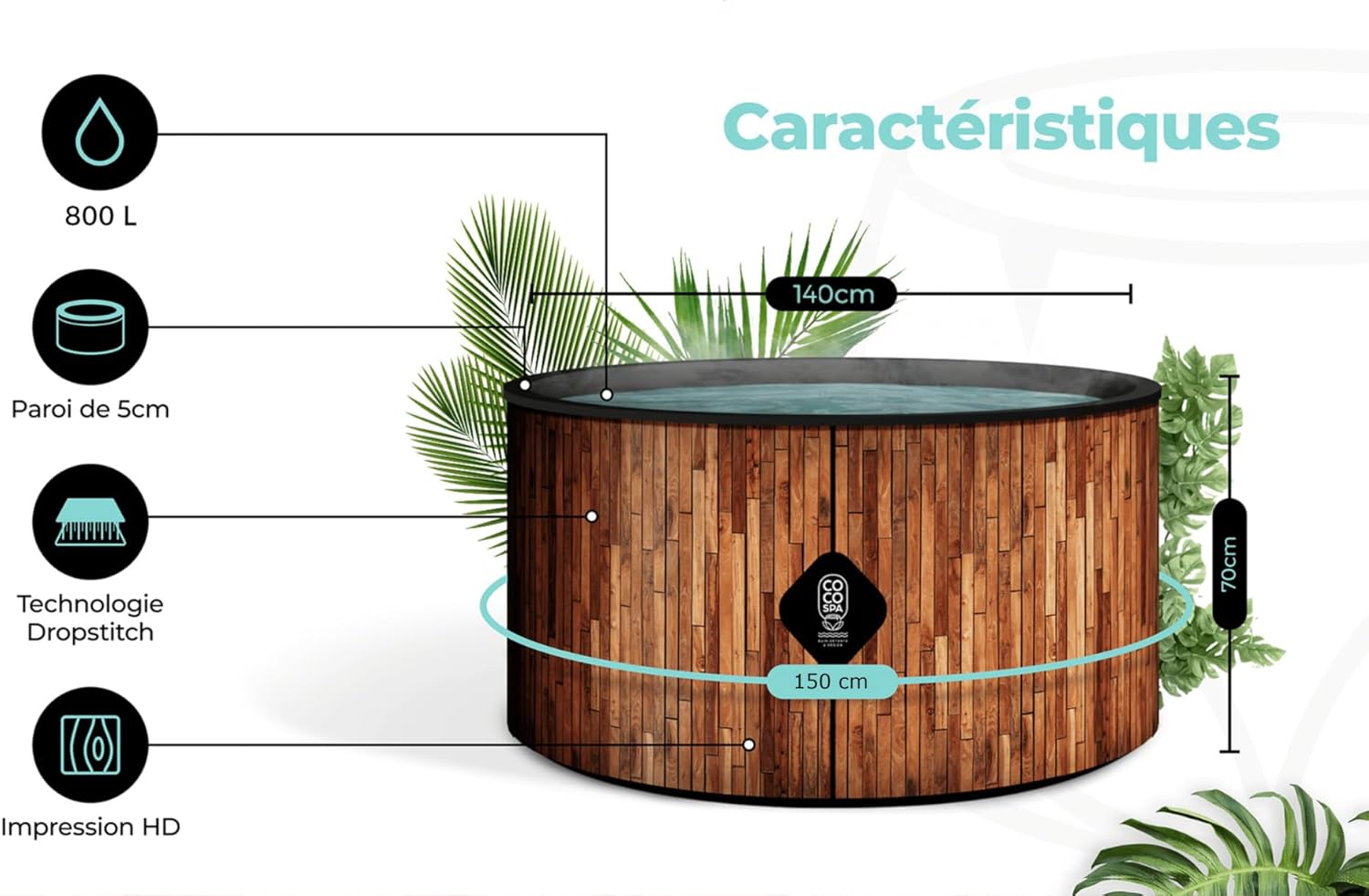COCO SPA Bali Spa Gonflable - 150 cm de diamètre - 800 litres - Moteur 2240 W - 2 à 4 Personnes - Massage 140 Jets