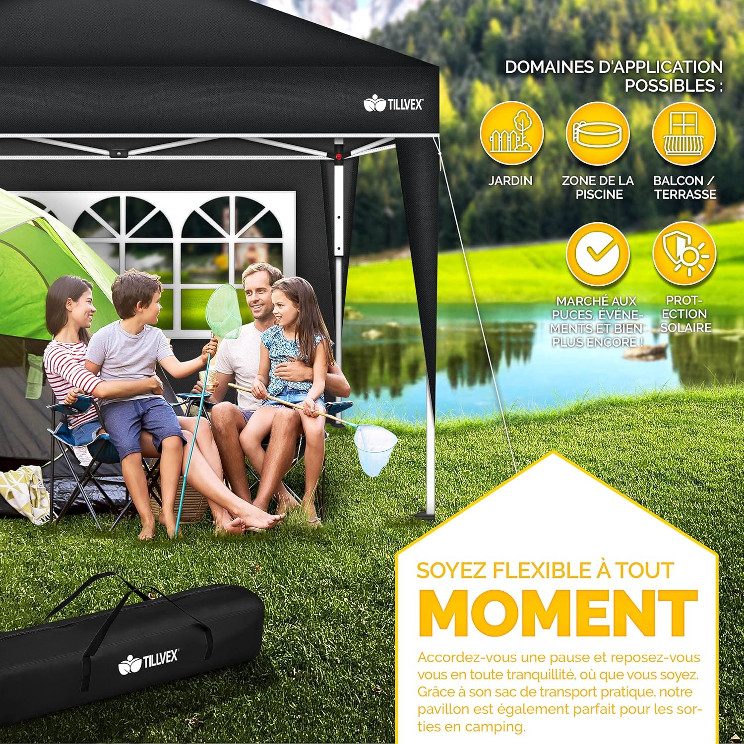 tillvex Tonnelle de Jardin 3 x 3 m Pliable avec 2 côtés | Tente de Jardin Pliante réglable en Hauteur | Auvent Pliant pour Camping, Festival, Plage, Jardin | Protection UV 50+ | avec Sac de Jardin