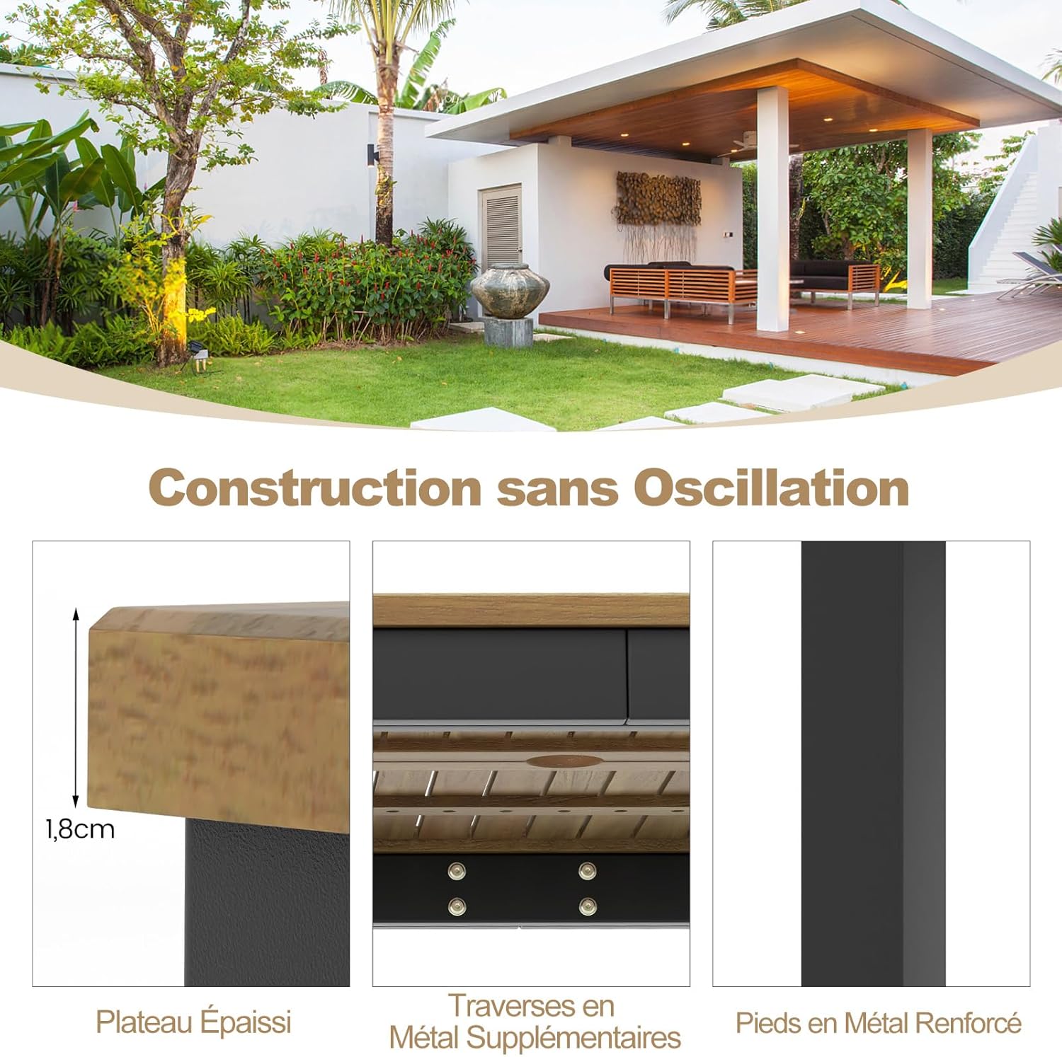 Costway - Table de jardin rectangulaire 200 cm, bois acacia, 8 pers, trou parasol, pieds métal