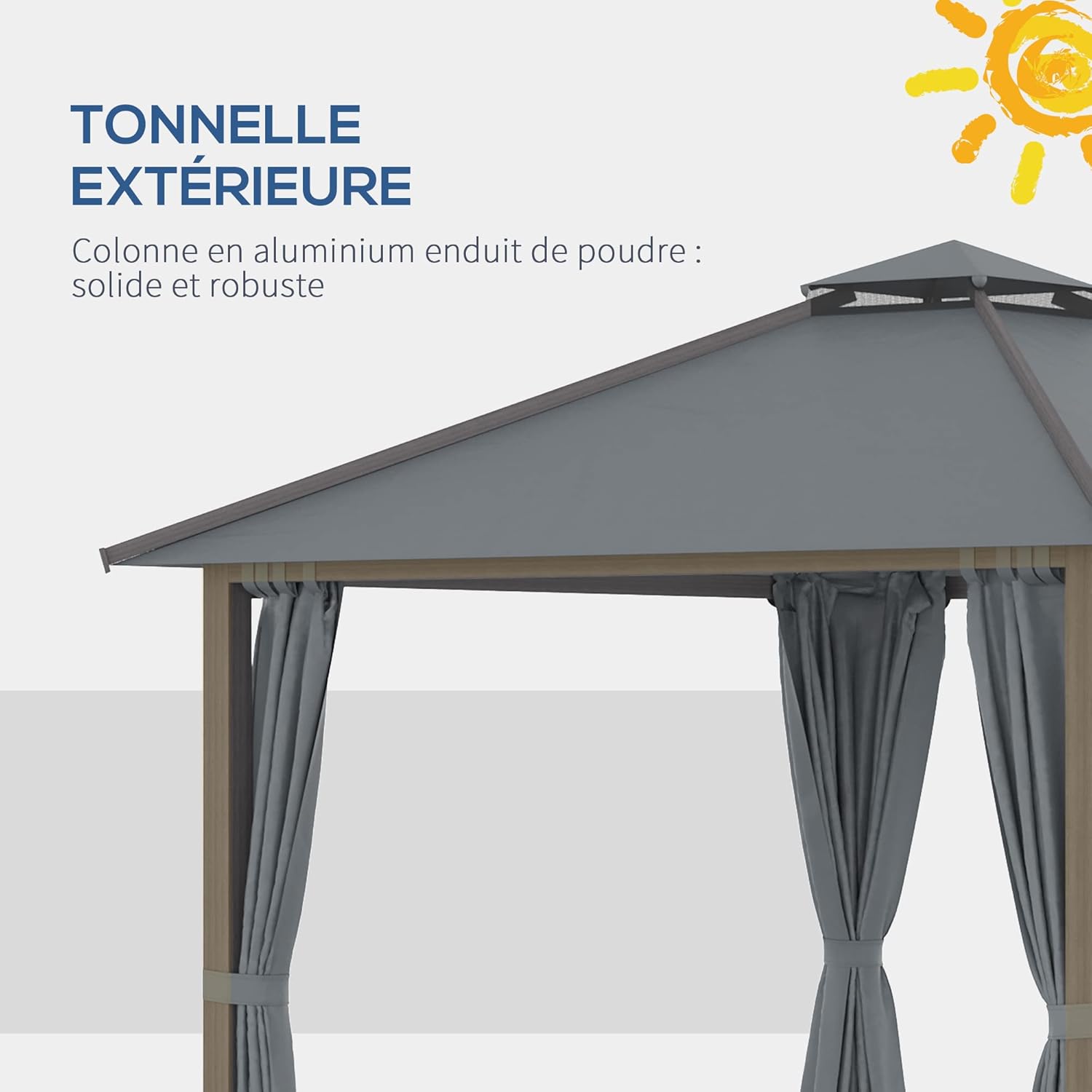 Outsunny - Tonnelle Jardin série Double Toit 3x3m, Aluminium, 4 parois, protection solaire, Gris
