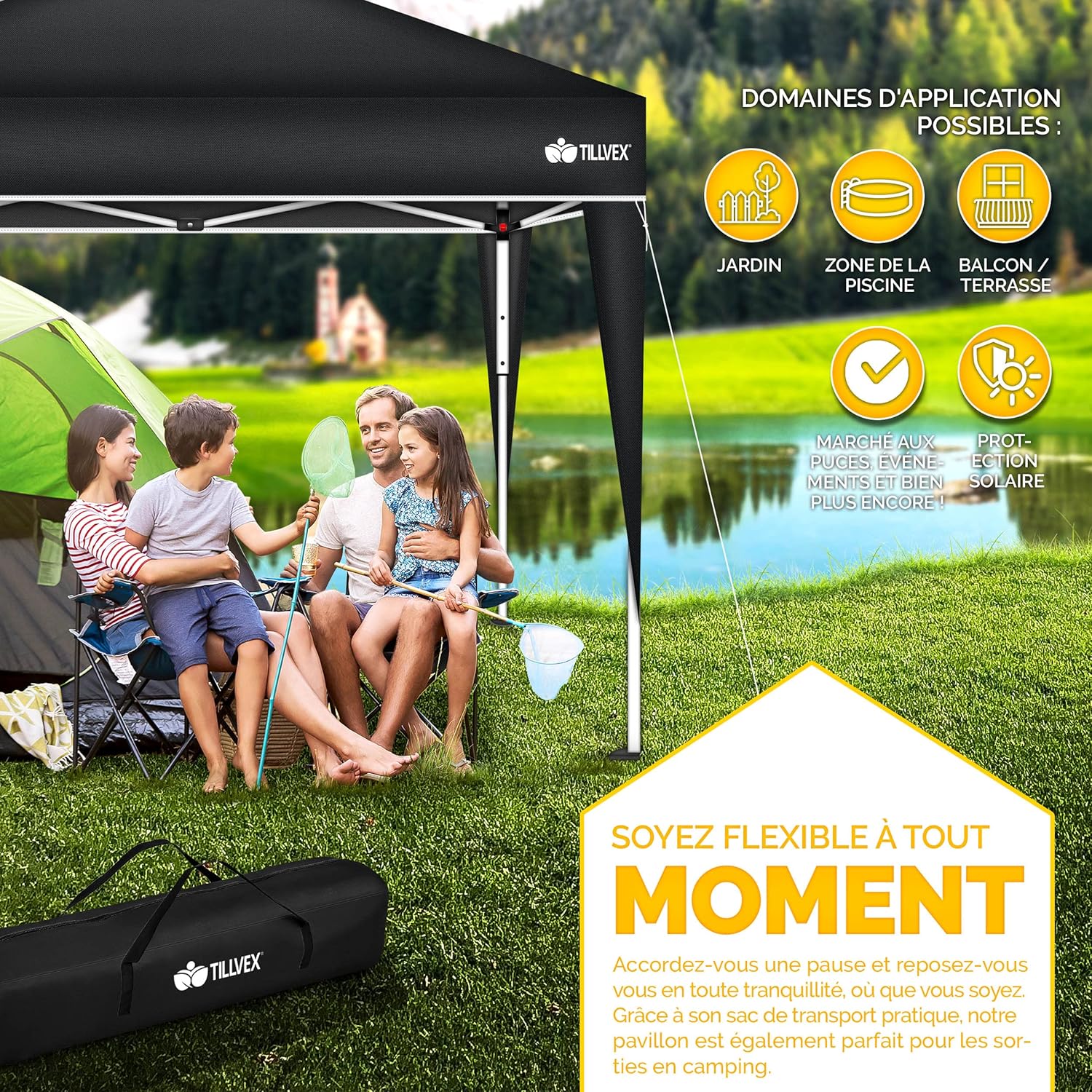 tillvex - tonnelle pliante 3x3m - réglable, UV 50+, sac transport