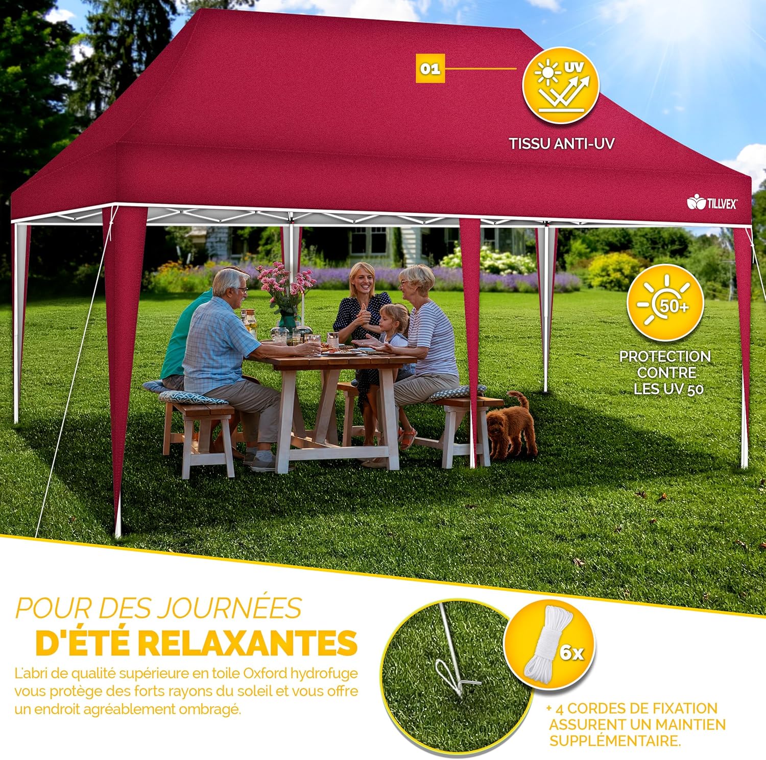 Tillvex - Tonnelle de jardin pop-up, étanche, pliable, réglable 3x6 m, UV 50+ avec sac - ROUGE.