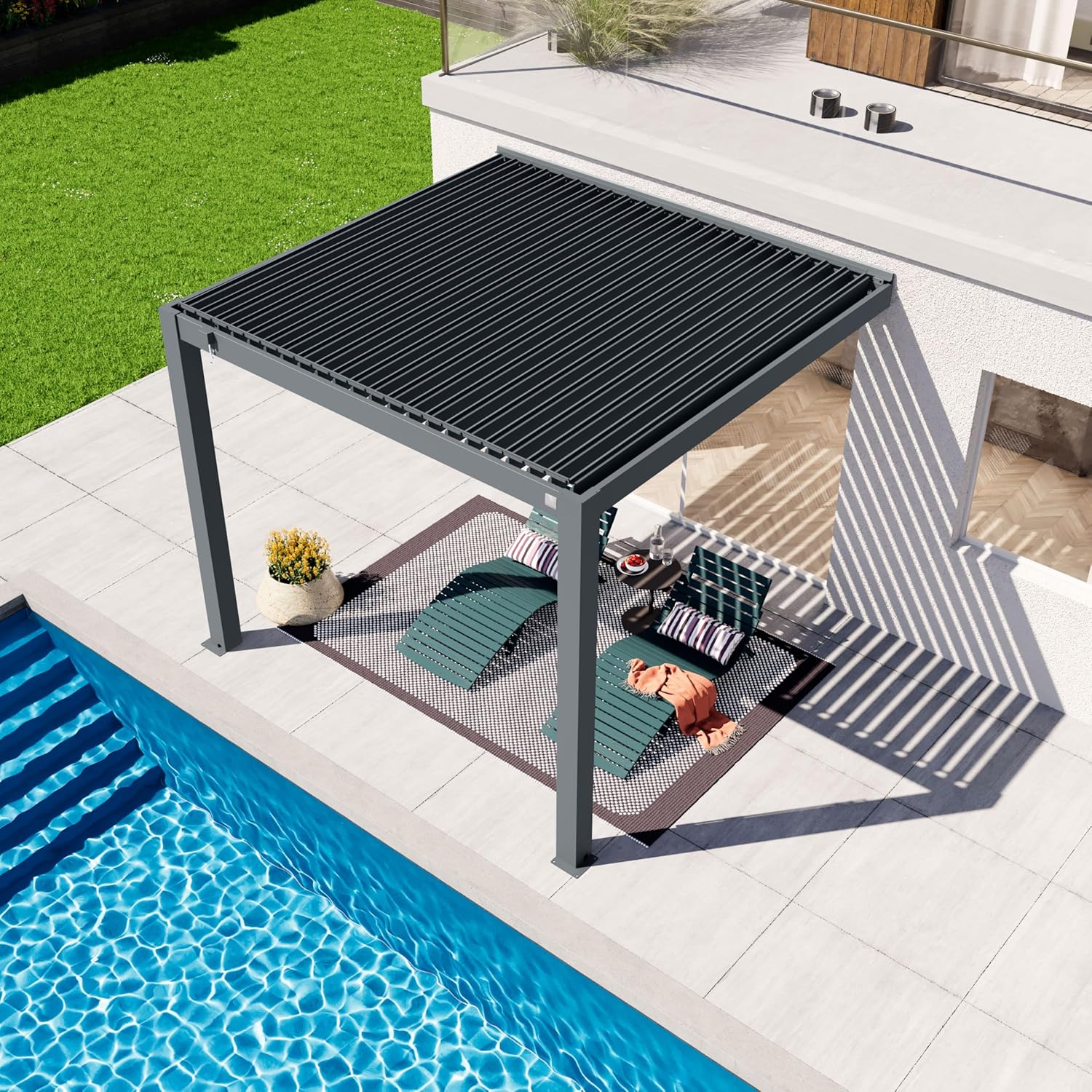 PRIMEYARD - pergola adossée, 3x3 m, aluminium, lames orientables, anthracite