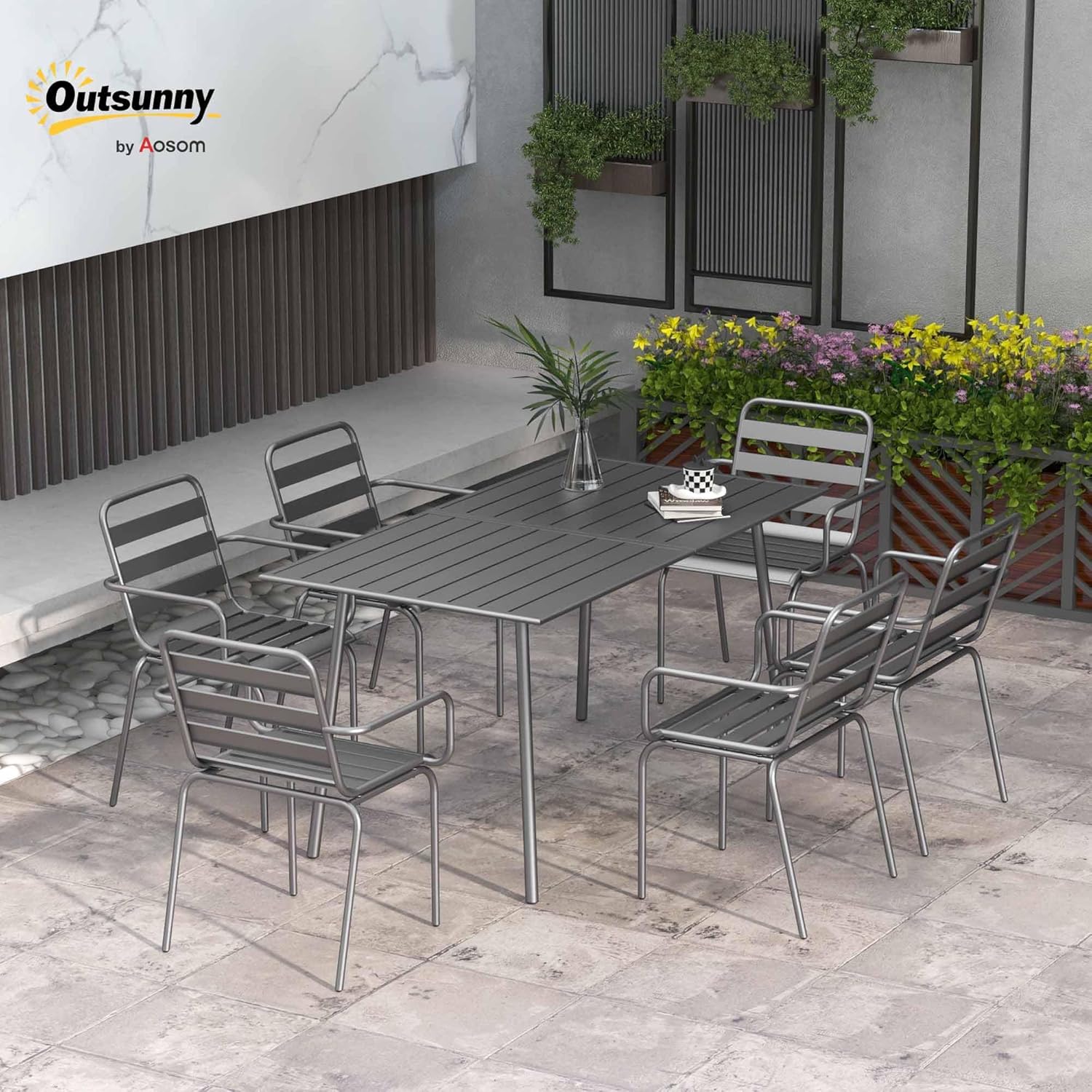 Outsunny - Salon de jardin 7 pièces - table + 6 chaises - acier gris foncé