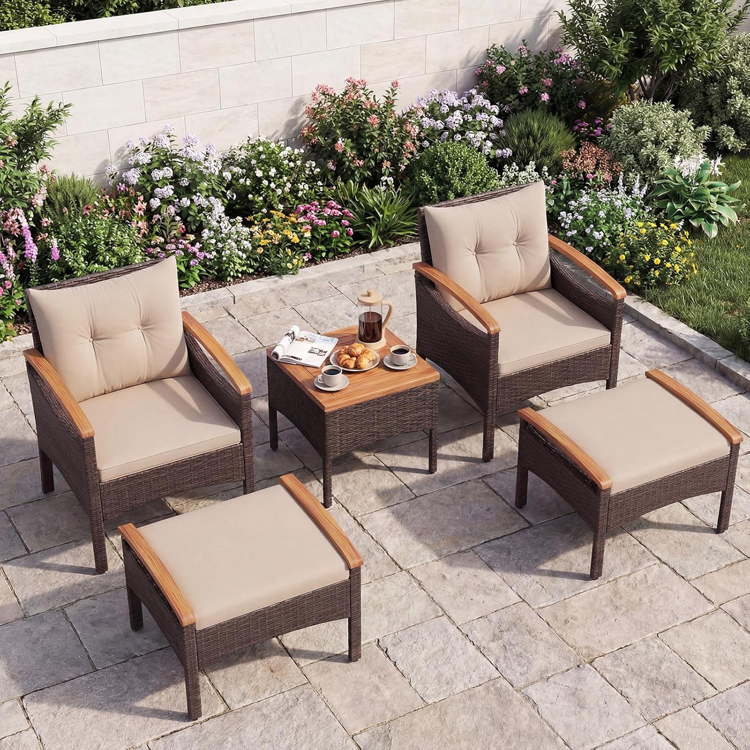 Salon de Jardin COSTWAY - 5 pièces en Rotin Jaune Terre - 2 fauteuils, 2 ottomans, table acacia, coussins amovibles - 14