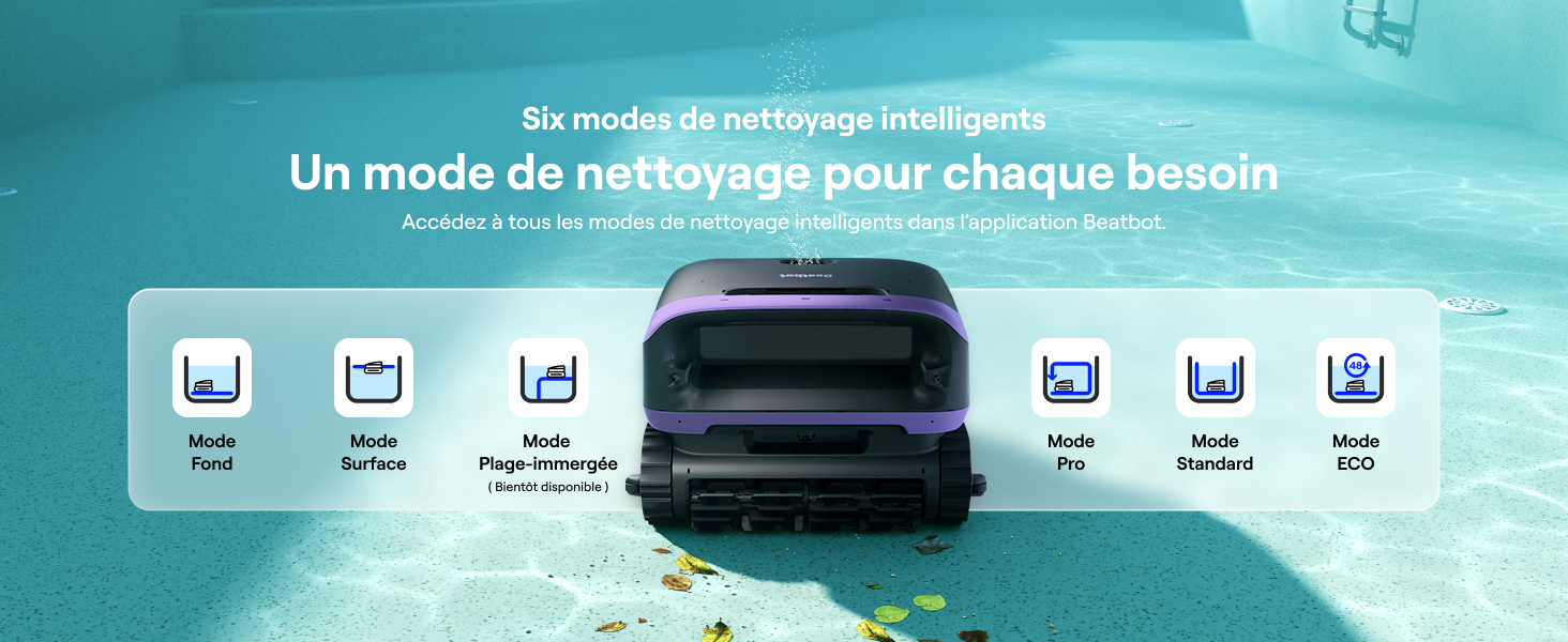 Le texte se lit comme suit : « Un mode de nettoyage pour chaque besoin ». Publicité d'équipement de nettoyage de piscine teintée en bleu montrant divers outils d'entretien de piscine.