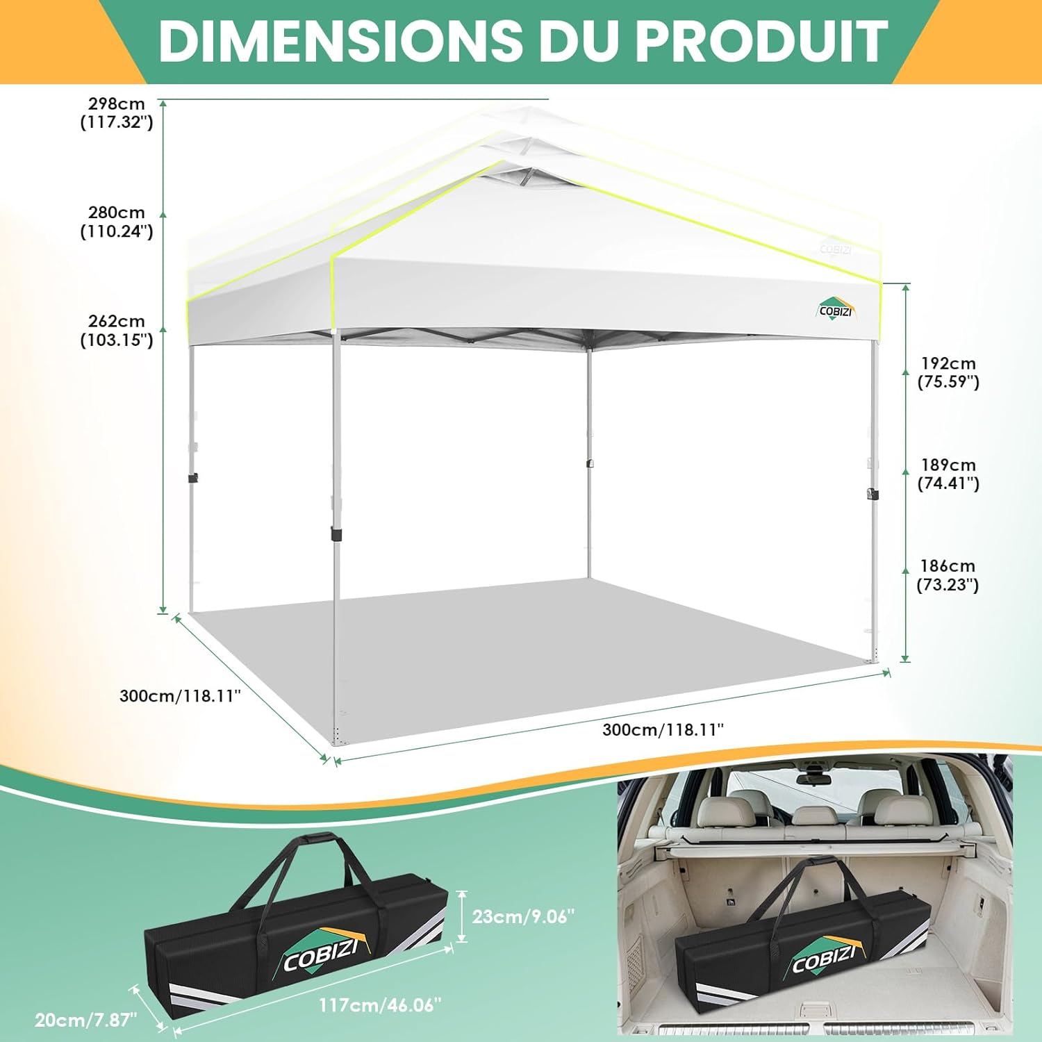 COBIZI - Tonnelle pliante série centrale - 3x3m - parois latérales, bandes fluorescentes, UV 50+