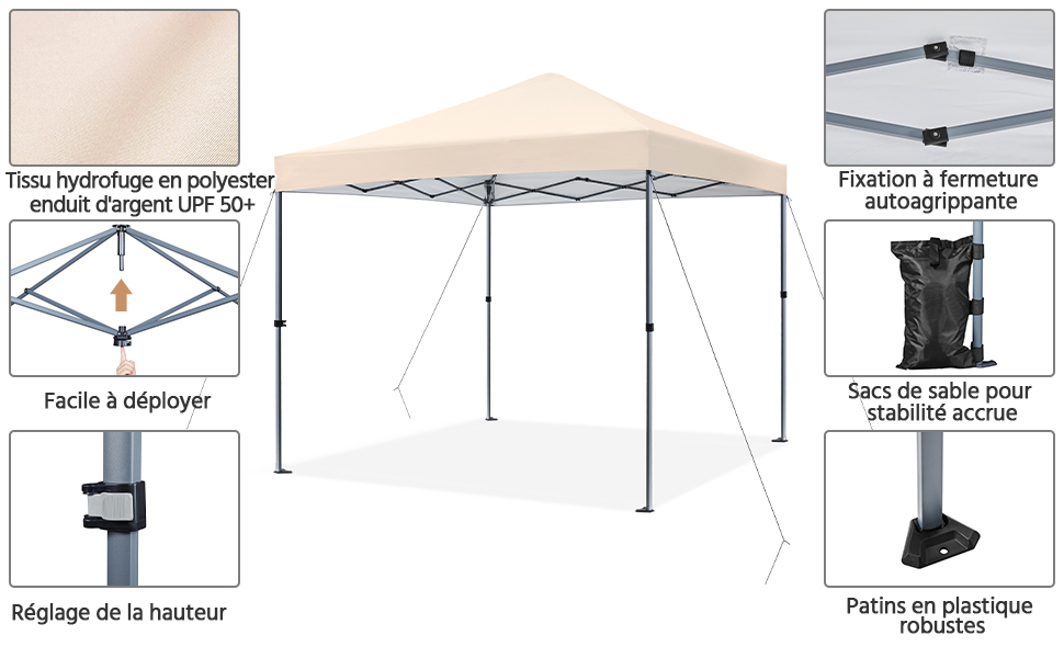 Schéma d'une tente à baldaquin portable, mettant en évidence des caractéristiques telles que le tissu en polyester, la hauteur réglable et des sacs de sable pour plus de stabilité.
