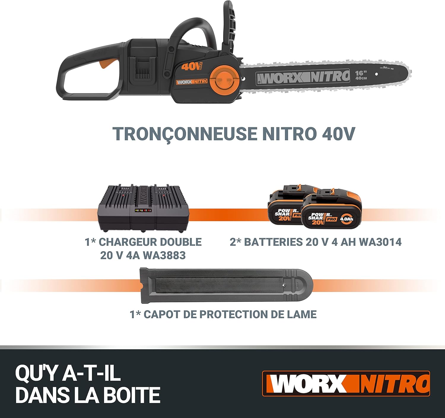 WORX - tronçonneuse sans fil 40V, guide 40cm, 18m/s, 2x4Ah WG385E