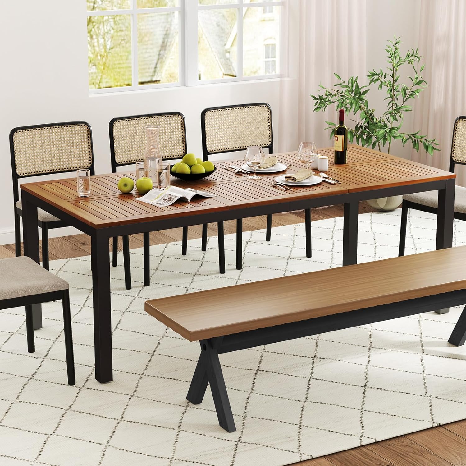 GOPLUS - Table de jardin 8 places, bois d'acacia, métal, 90x200x75cm