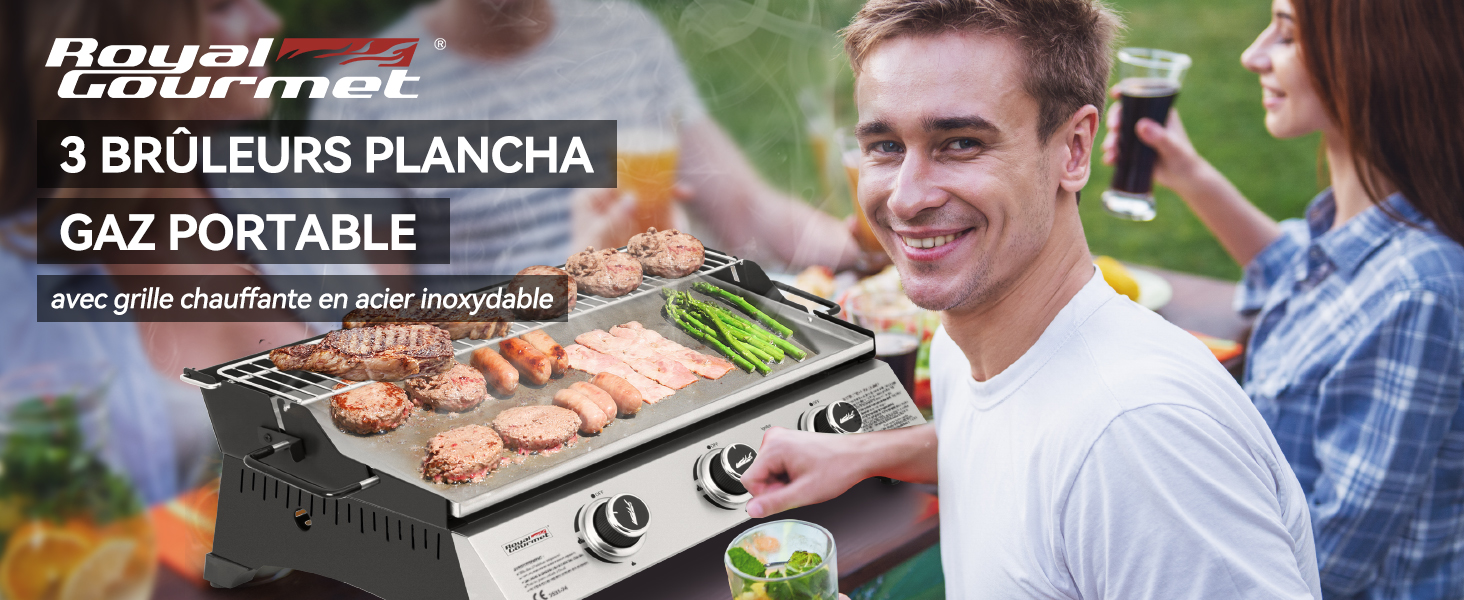 avec trois brûleurs montrant la cuisson de la viande sur une grille en acier inoxydable. Appareil de cuisson extérieur de marque Royal Gourmet.
