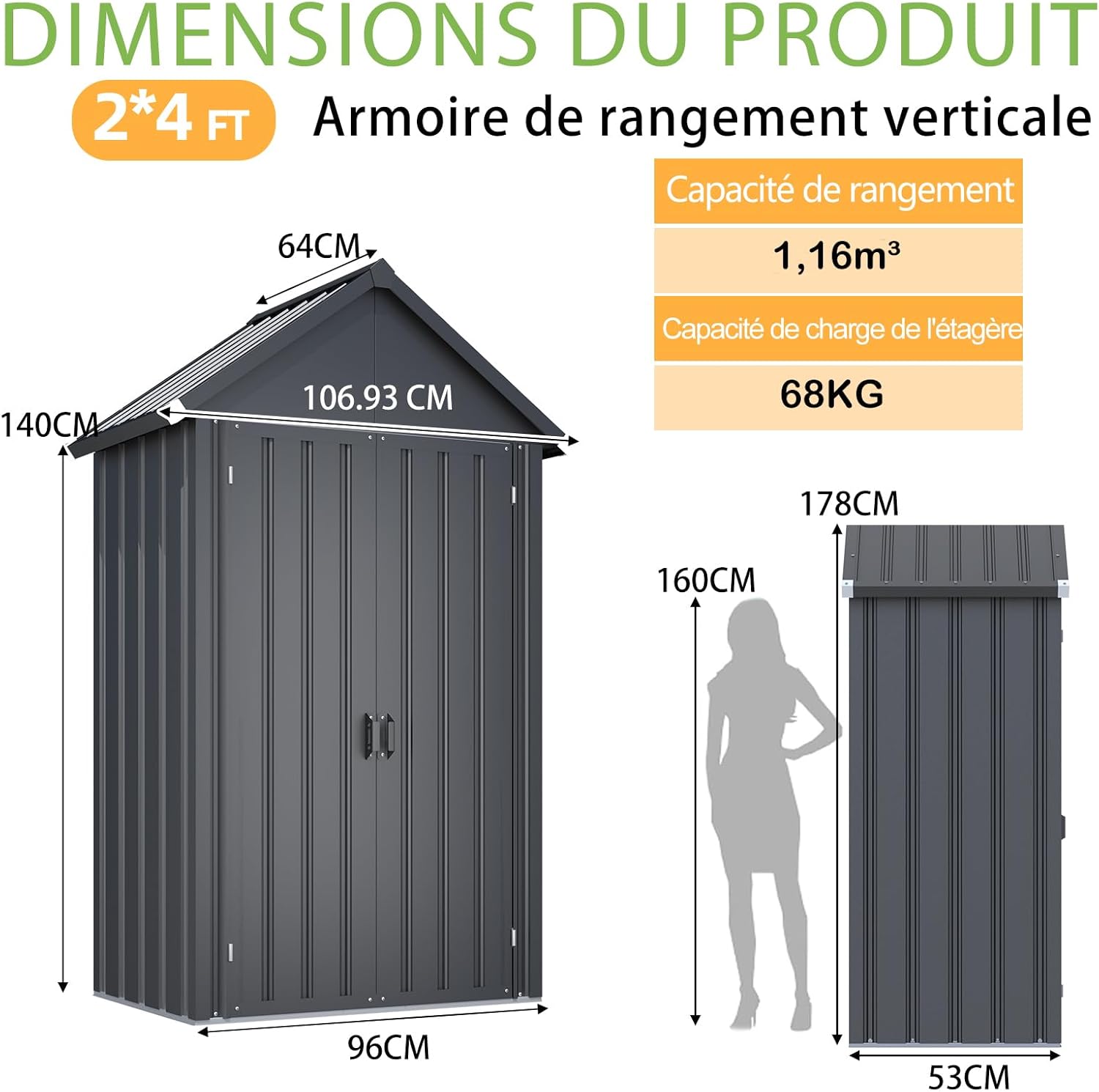 YODOLLA - Abri de jardin métal, 107x53x178 cm, 4 étagères, portes, serrure