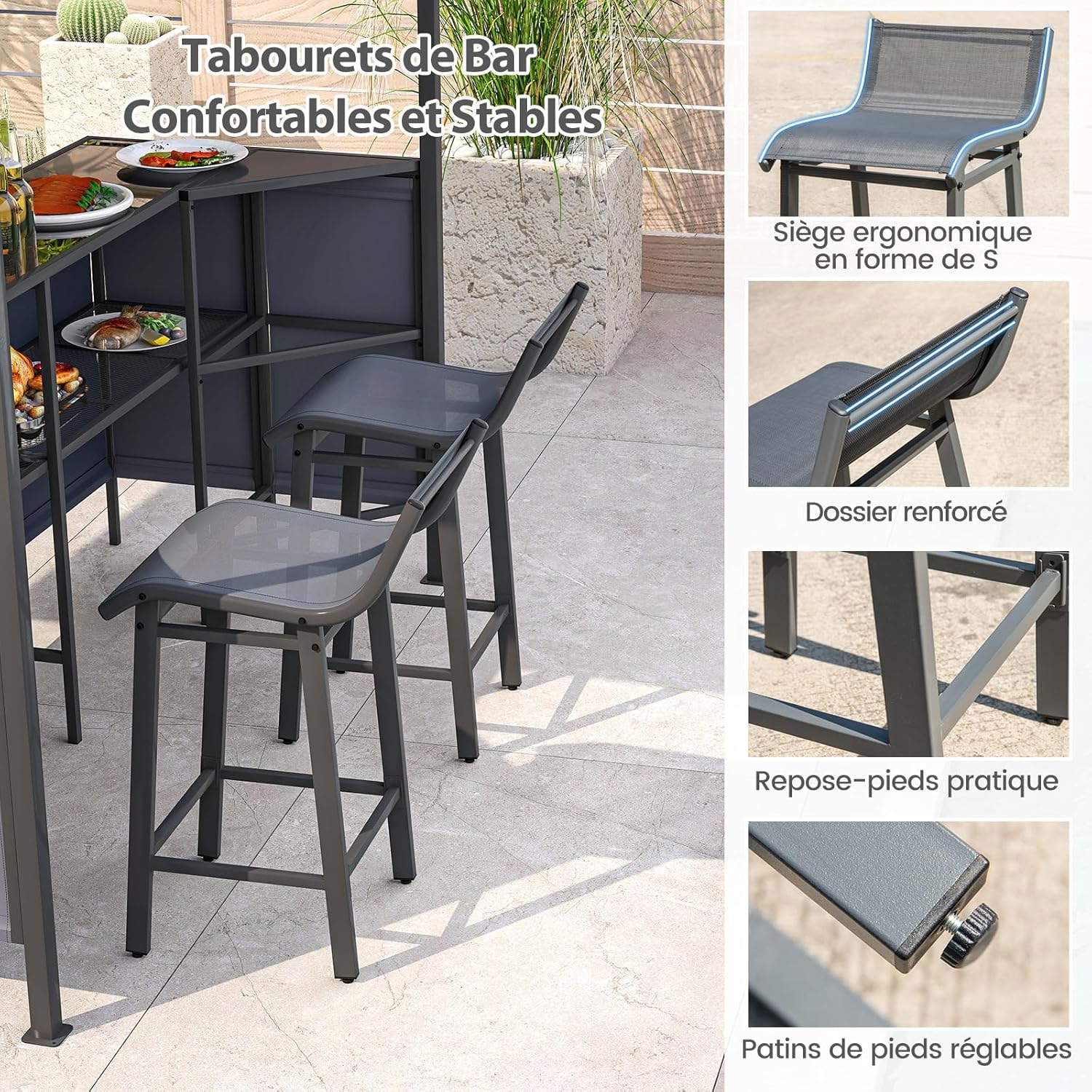 GOPLUS 3 Pcs Abri Barbecue Jardin Exterieur avec Bar Exterieur, Tonnelle Barbecue avec 2 Tabourets Bar, Rangement, Plateau en Verre Trempée,Porte-Verres, en Métal avec Double Toit, 245 x 245 x 243CM