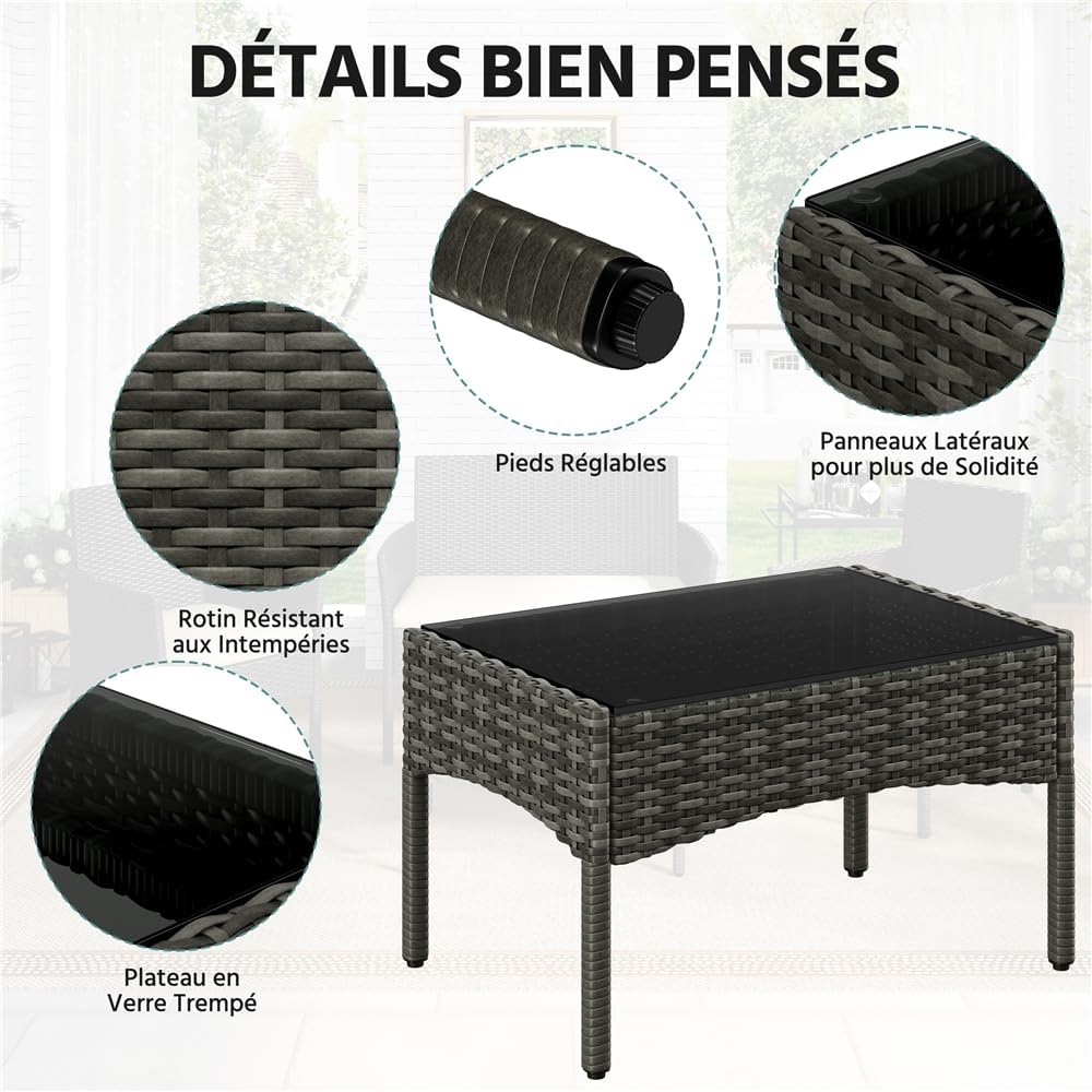 Yaheetech - Salon de Jardin 4 pièces - Polyrotin métal - Canapé 2 places, fauteuils, coussins, table basse