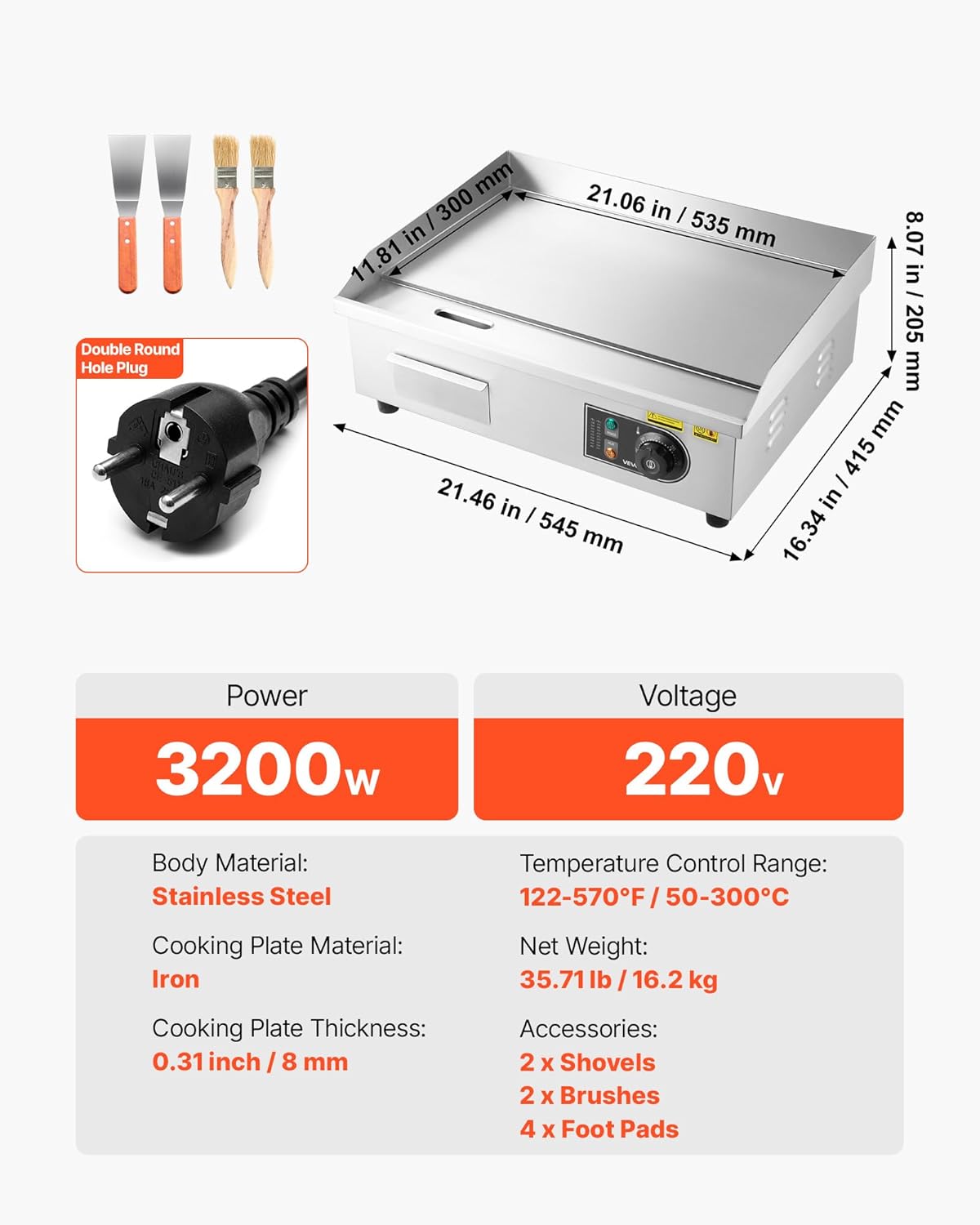 VEVOR - plancha électrique pro - 535x300 mm - 3200W, inox, 50-300°C