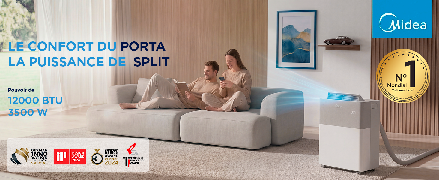 Le texte indique « CONFORT DU PORTA LA PUISSANCE DU SPLIT » et « #1 ». La marque Midea est visible. Scène de salon montrant un canapé sectionnel beige avec deux personnes, une unité de climatisation blanche, des œuvres d'art encadrées et une décoration intérieure chaleureuse.