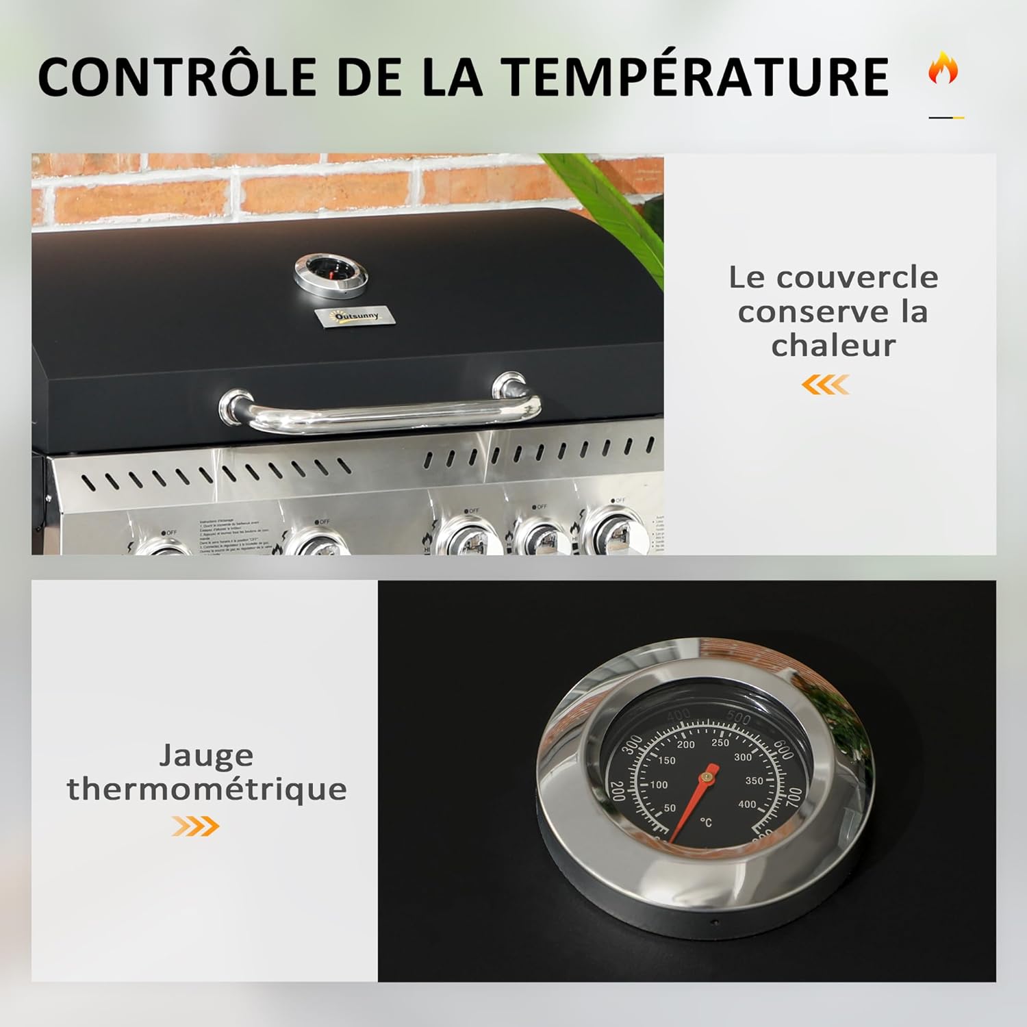 Outsunny - Barbecue gaz 4+1 brûleurs 12,5kW - roulettes, étagères