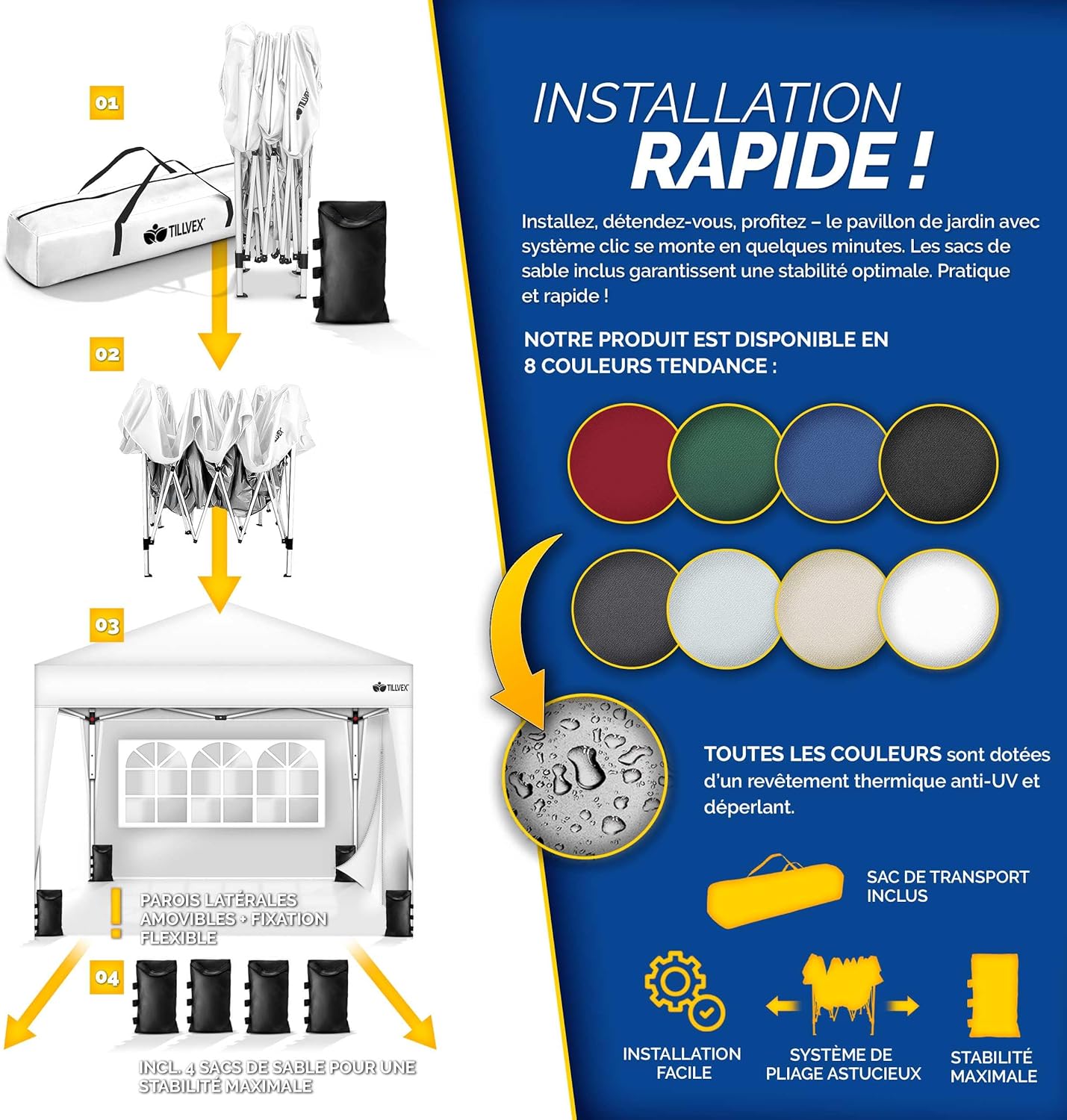 tillvex - Tonnelle pliante série Jardin - 3x3m - hauteur réglable, 2 côtés, UV50+, sac