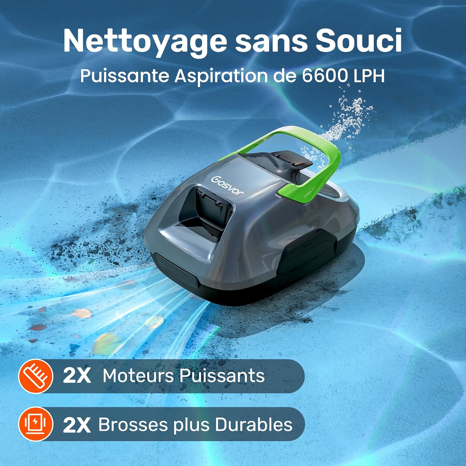Gosvor Robot Piscine sans Fil, Aspirateur Automatique Piscine Hors Sol, 90 Min d’Autonomie, Retour Automatique, Portable, Robot de Piscine Jusqu’à 80 m²