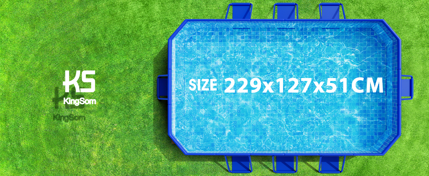 Le texte indique « TAILLE 229 × 127 × 51 CM ». Piscine gonflable rectangulaire bleue avec motif aquatique et cadre bleu, positionnée sur de l'herbe verte avec des supports gonflables bleus visibles aux coins.