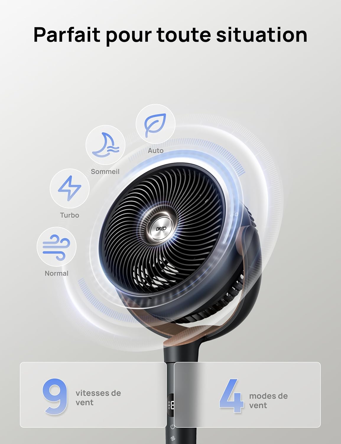 DREO - ventilateur sur pied série DC - 120° oscillation, 9 vitesses, ultra silencieux, portée 30 m
