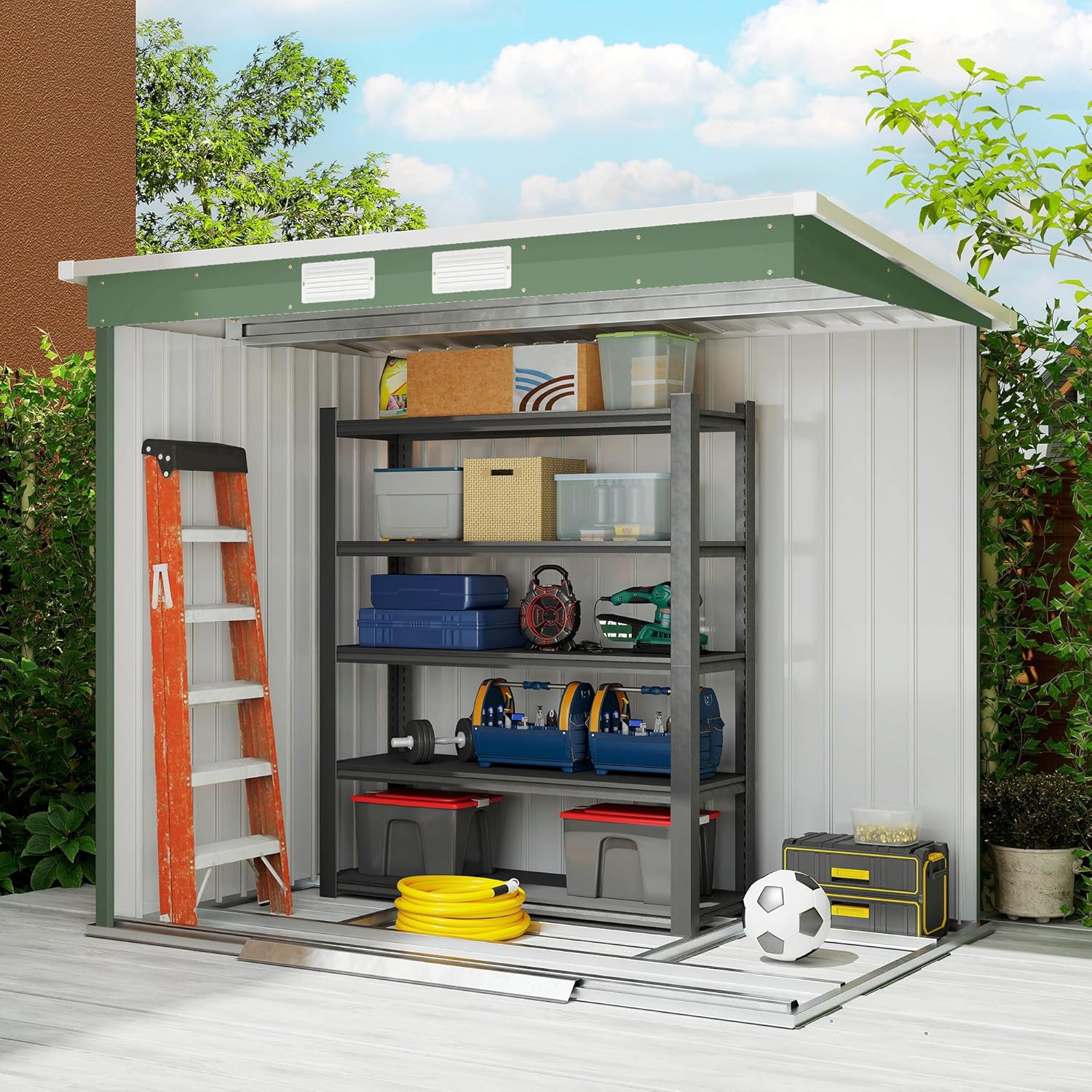 Outsunny Abri de Jardin en Acier galvanisé L 2,77 m² avec kit de Fondation 213 x 130 x 172 cm, cabane de Jardin cabanon Rangement Outils Portes coulissantes verrouillables et aérations, Vert