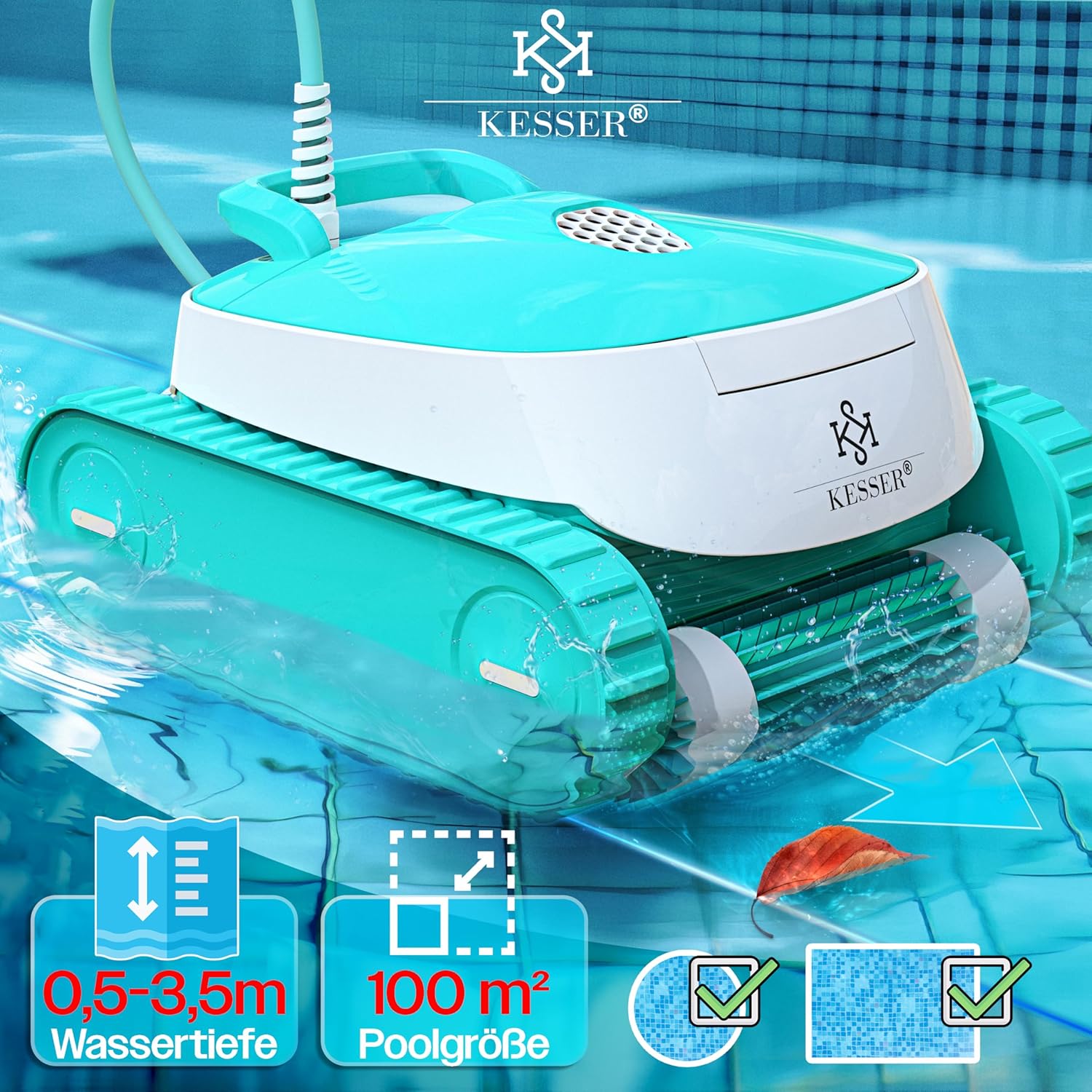 KESSER - Robot piscine série contrôle app - 100m² - sol/mur, nettoyage ligne d'eau