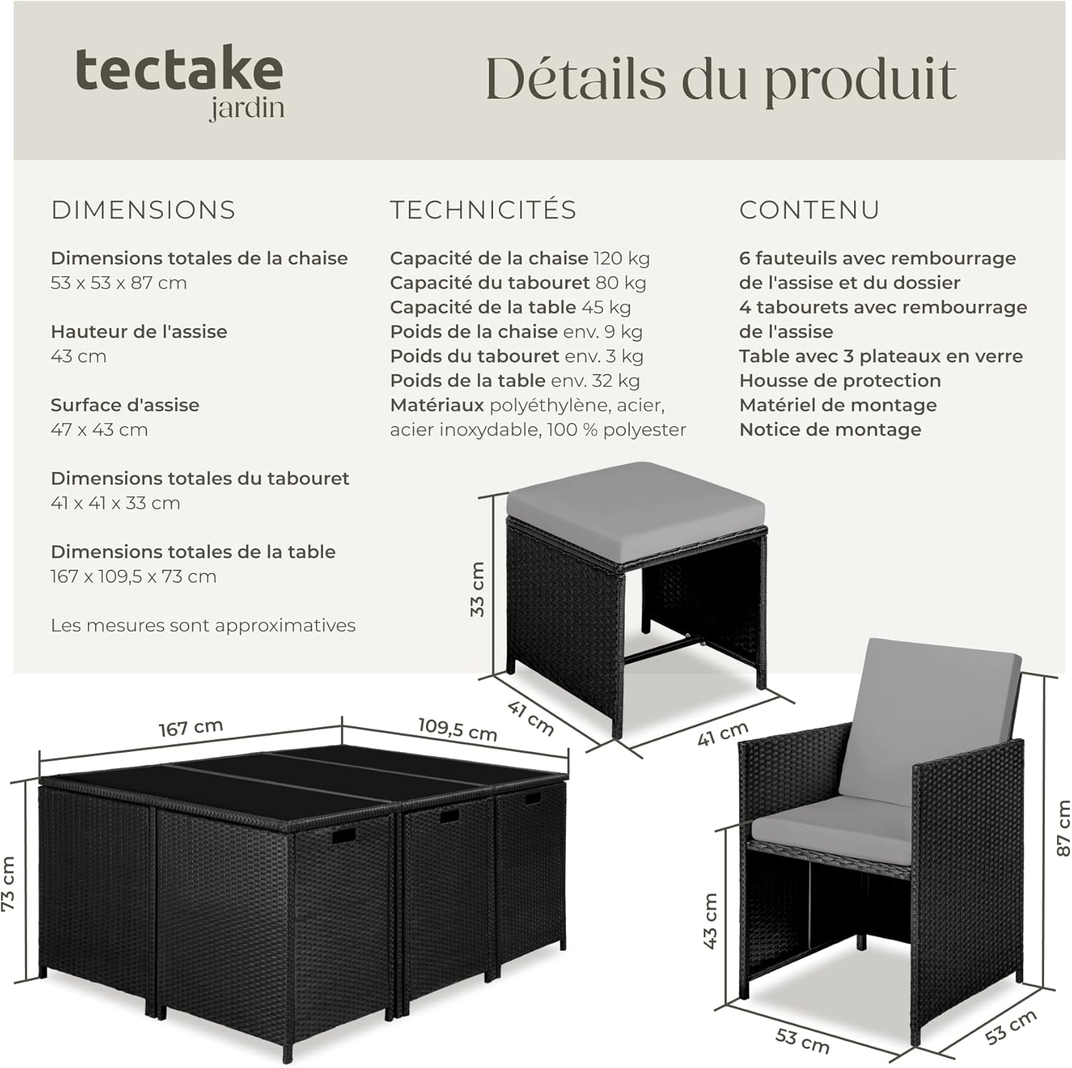 tectake - Salon de jardin polyrotin 10 pers, 6 fauteuils, 4 poufs, housse