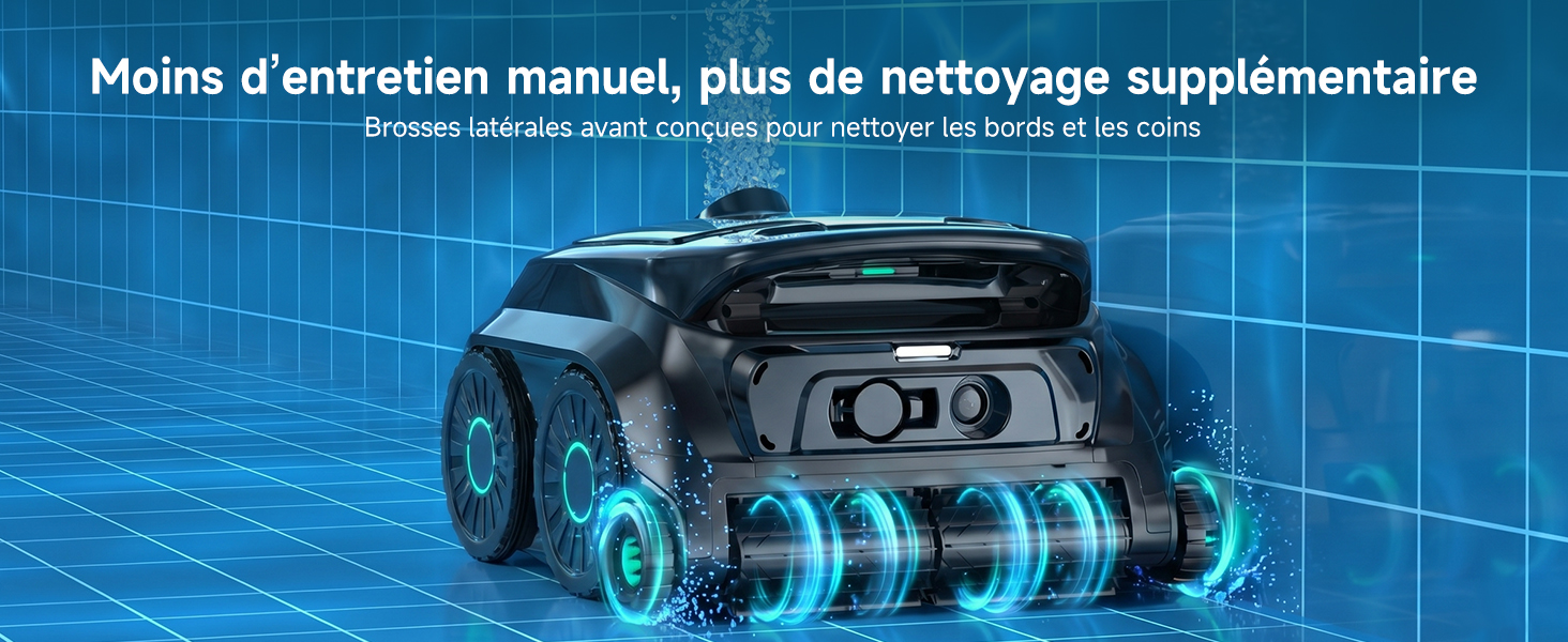 Le texte se lit comme suit : « Motus d'entretien manuel, plus de nettoyage supplémentaire ». Le fond bleu affiche le composant mécanique du moteur/moteur avec des pièces internes détaillées visibles.