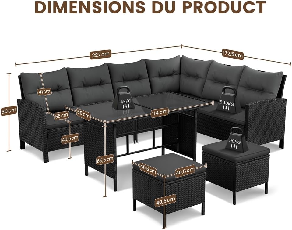 Yaheetech - Salon de jardin 4 pièces - polyrotin, ottomans, table - noir/gris