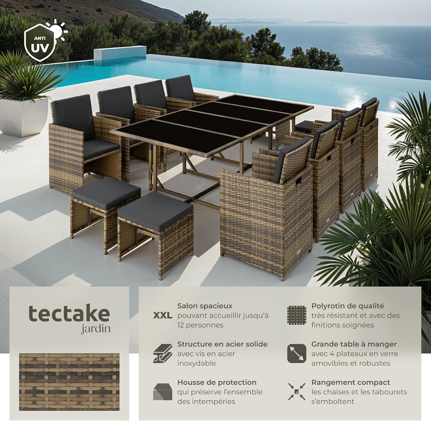 tectake - Salon en résine tressée 8 chaises, table, tabourets, pour jardin, balcon, terrasse - ensemble repas extérieur